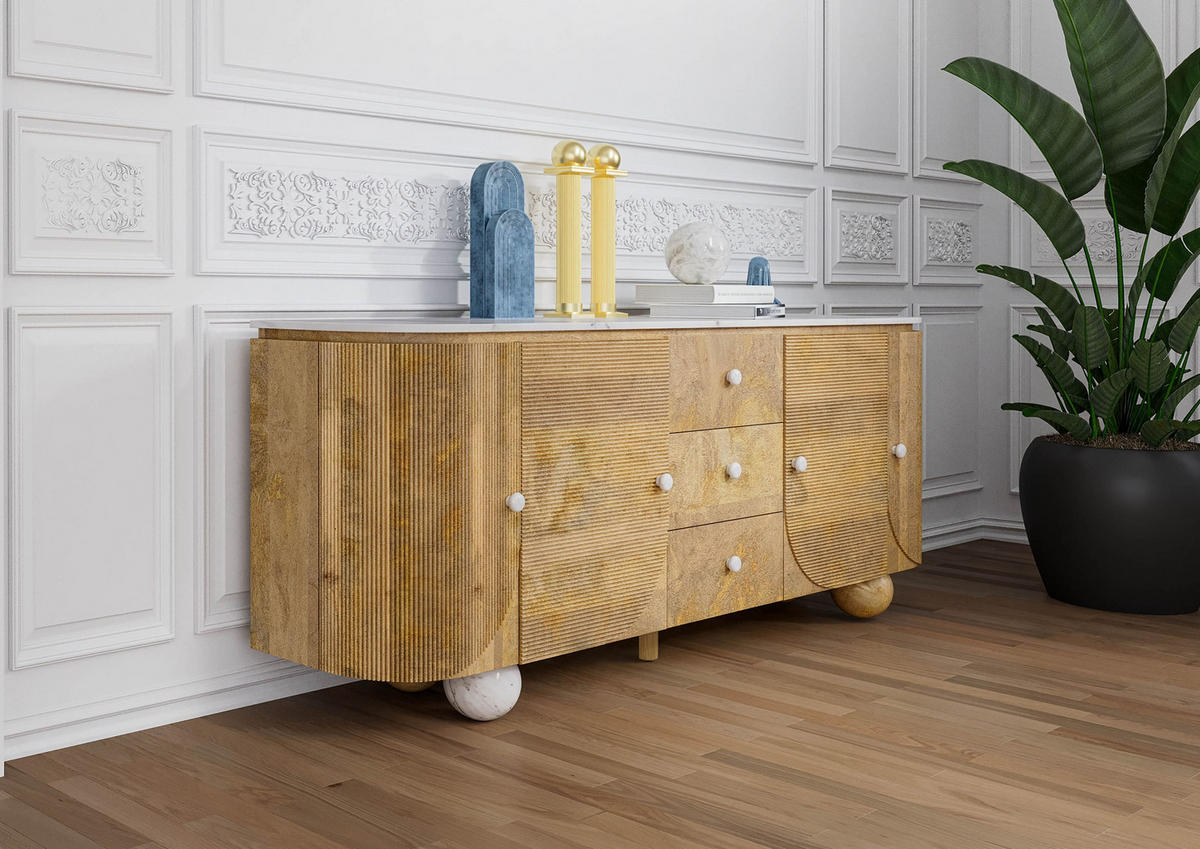 SIDEBOARD Mango 200x40x80 natur lackiert / Marmor weiß FLORENZ #122 - Braun, Holz (200/80/40cm) - Massivmoebel24