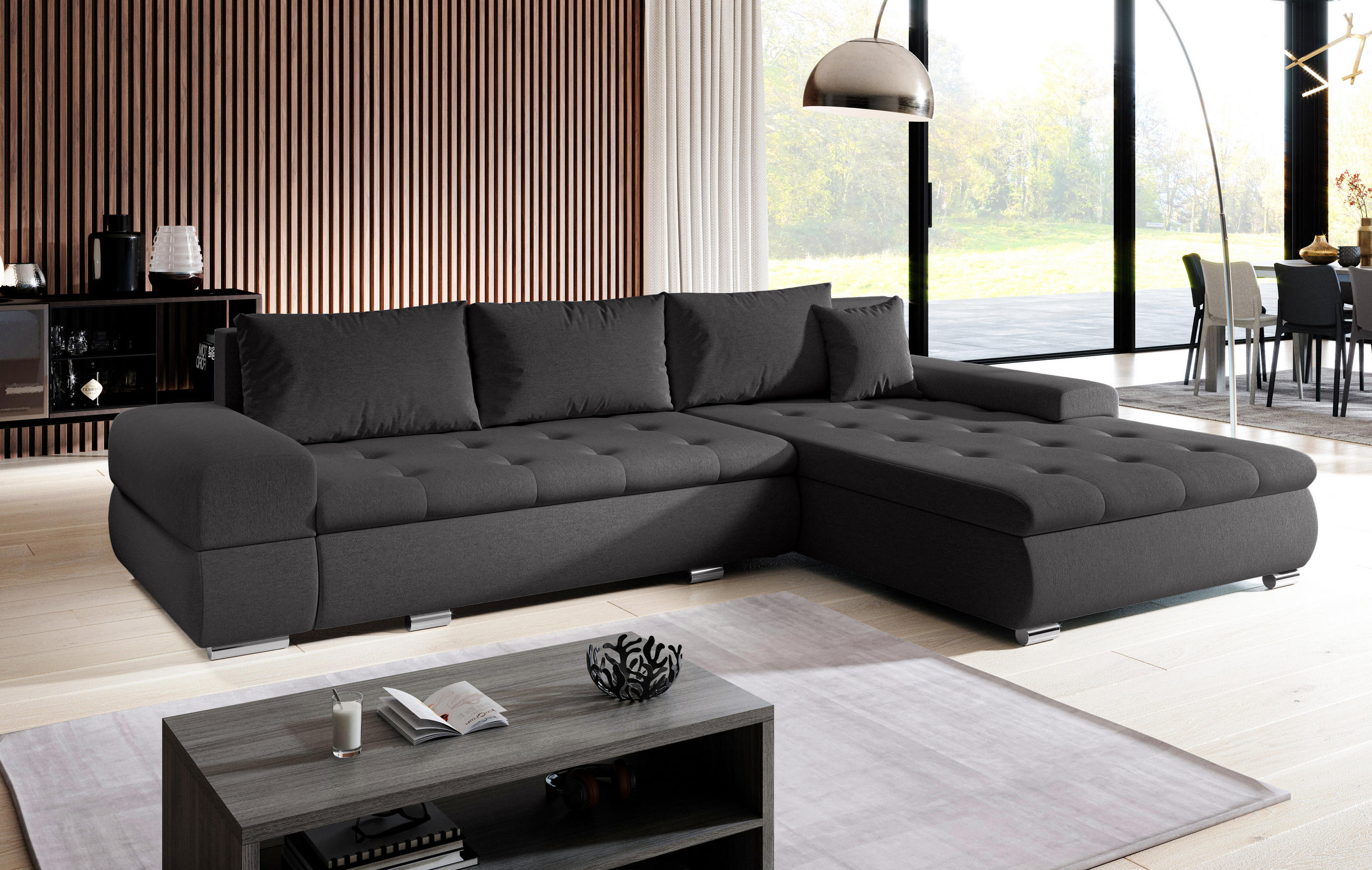 ECKSOFA L Form Sivaso Dunkelgrau 310/210/85 cm – mit Schlaffunktion und Bettkasten - Silberfarben/Schwarz, Textil/Metall (310/210cm) - AX Living