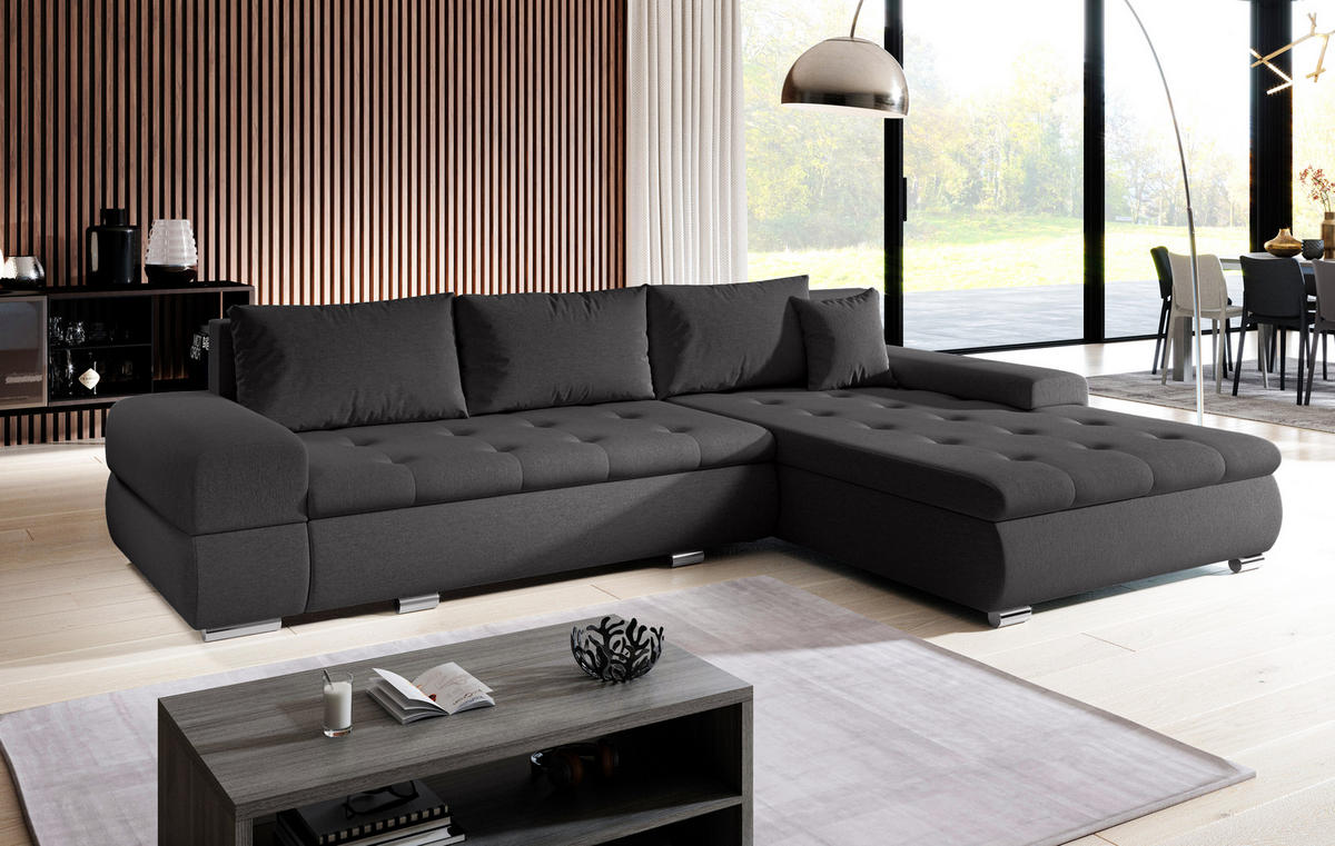 ECKSOFA L Form Sivaso Dunkelgrau 310/210/85 cm – mit Schlaffunktion und Bettkasten - Silberfarben/Schwarz, Textil/Metall (310/210cm) - AX Living
