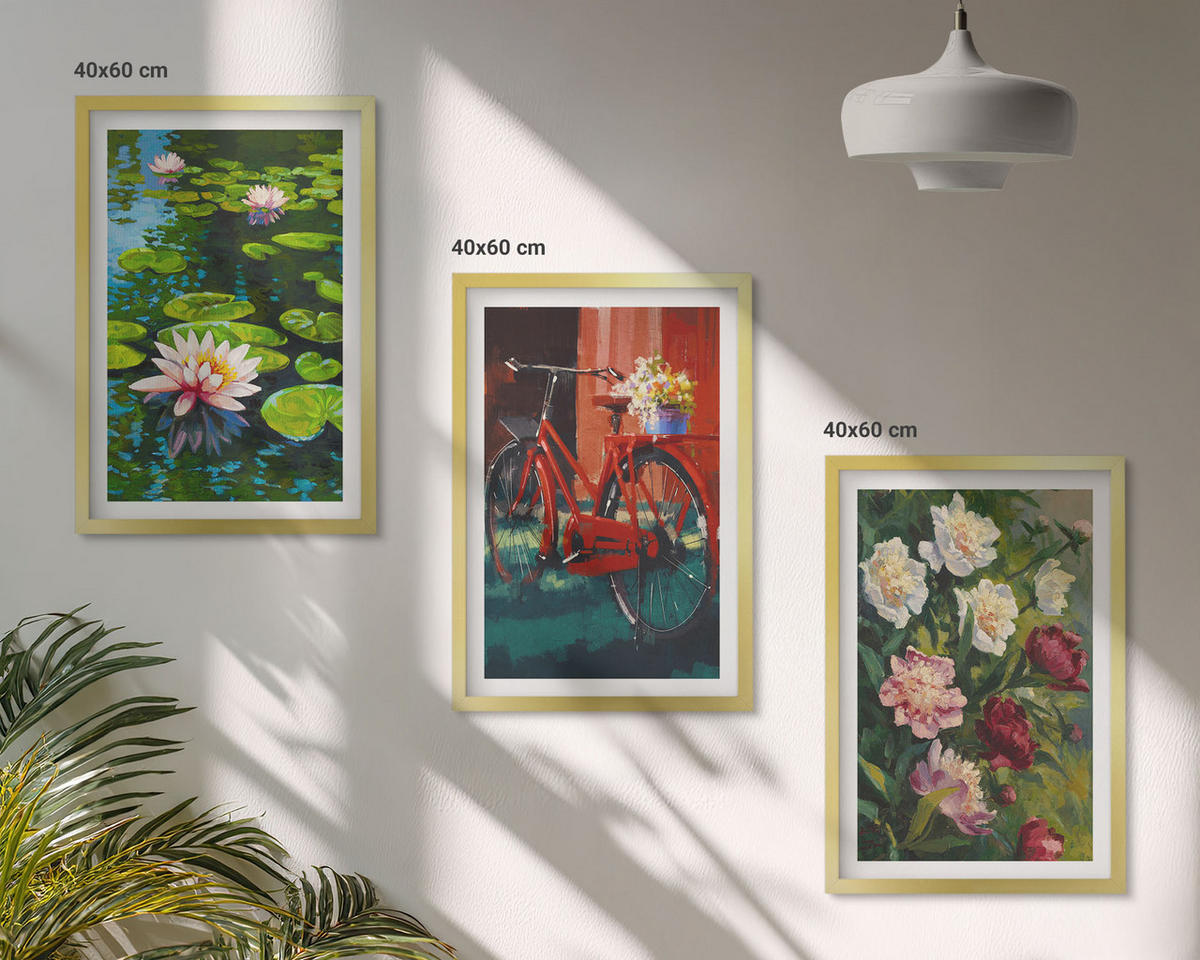 WANDBILDER 3er Set - 40x60 cm Goldrahmen - Lilien im Garten, bunte Blumen - Goldfarben, Kunststoff (40/60cm) - ArtPrintCave
