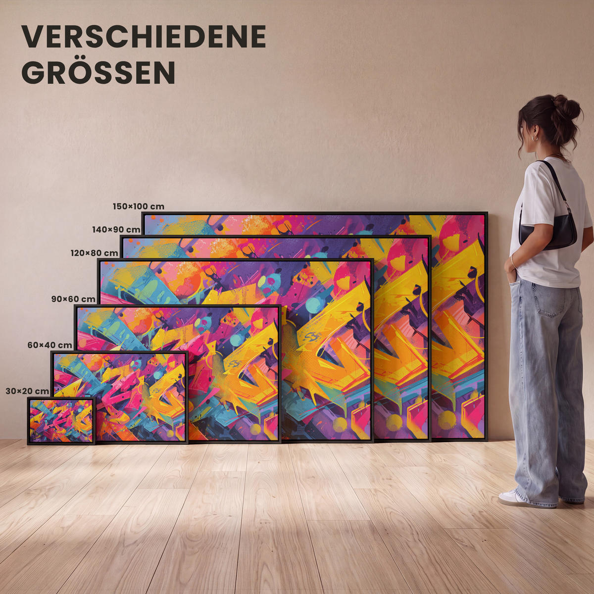LEINWAND Bilder mit Rahmen - Abstrakt - Formen - Farbenfroh - 150x100 - Magenta, Textil (150/100cm) - MuchoWow