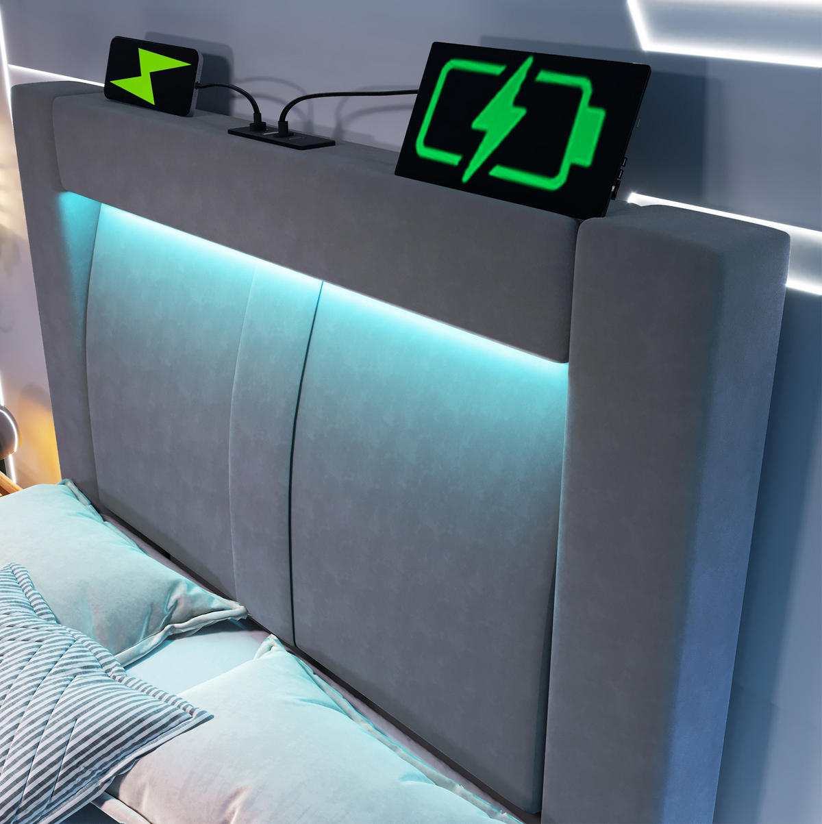 ČALÚNENÁ posteľ zo zamatu 90x200 cm sivá s LED osvetlením, USB a USB-C nabíjaním, úložným priestorom - sivá, textil (90/200cm) - Modfu