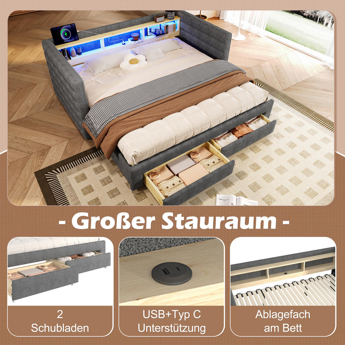 SAMT-POLSTERBETT 90/190 cm mit LED-Beleuchtung und Stauraum in Grau - Grau, Textil (90/190cm) - BEAOK