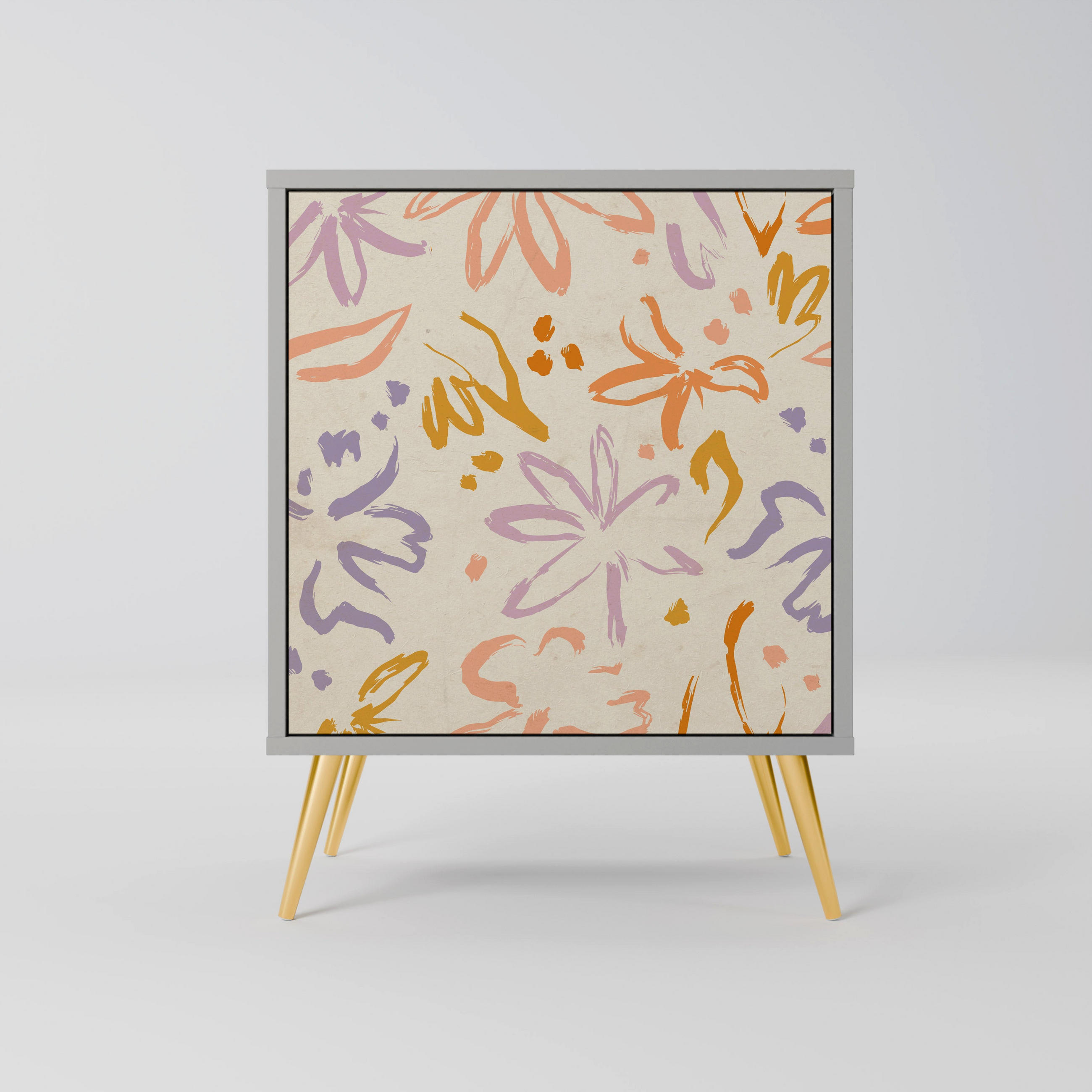 SIDEBOARD SPRING WHIMSY, Grau, 57,5x42x75,5 cm, Goldfarbene Metallfüße - Goldfarben/Multicolor, Holzwerkstoff/Metall (57.5/75.5/42cm) - SpaceRebels