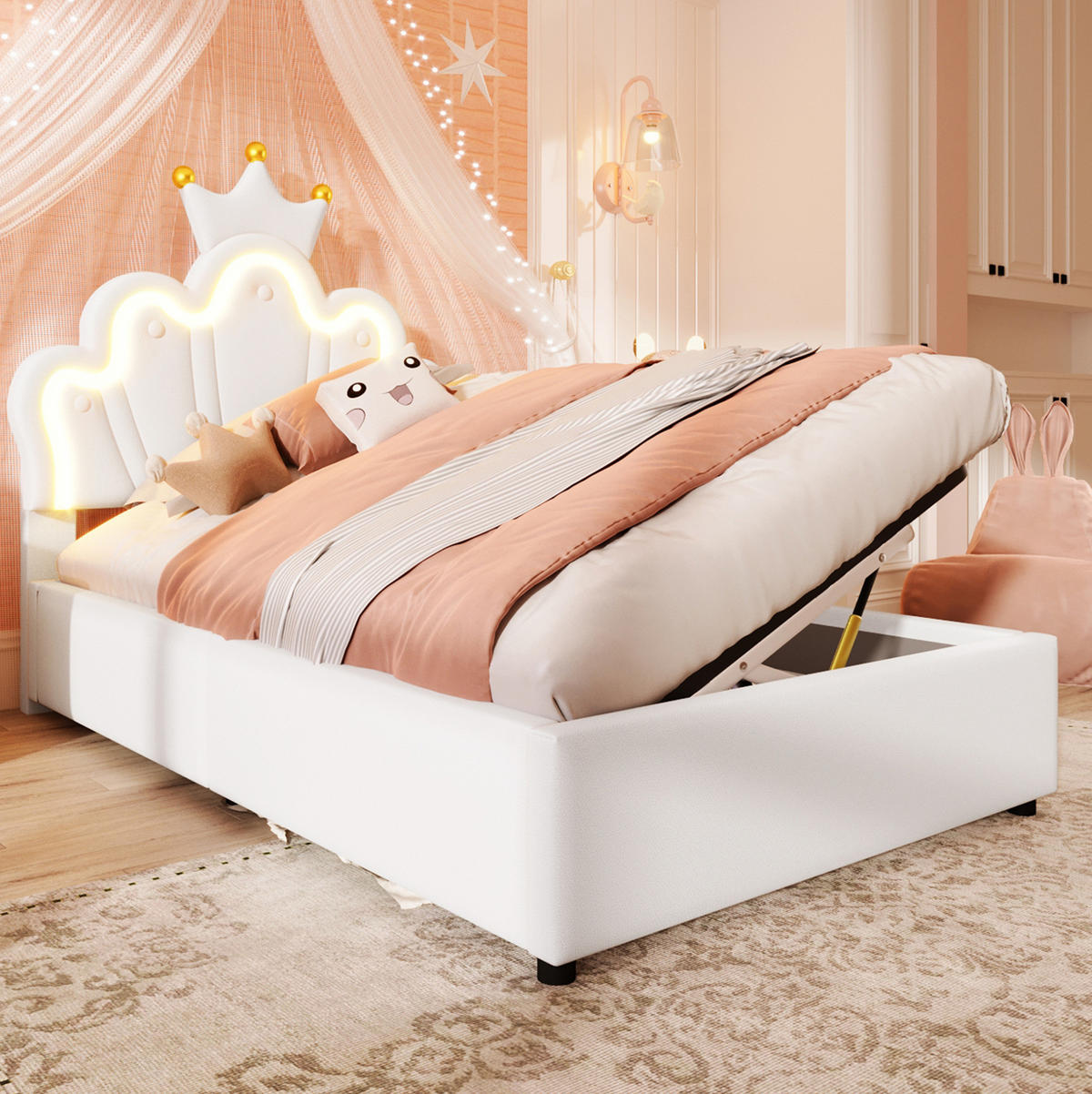 POLSTERBETT aus PU 90x200 cm Weiß mit LED-Beleuchtung, Bettkasten und verstellbarem Kopfteil - Weiß, Leder (90/200cm) - IVMEU