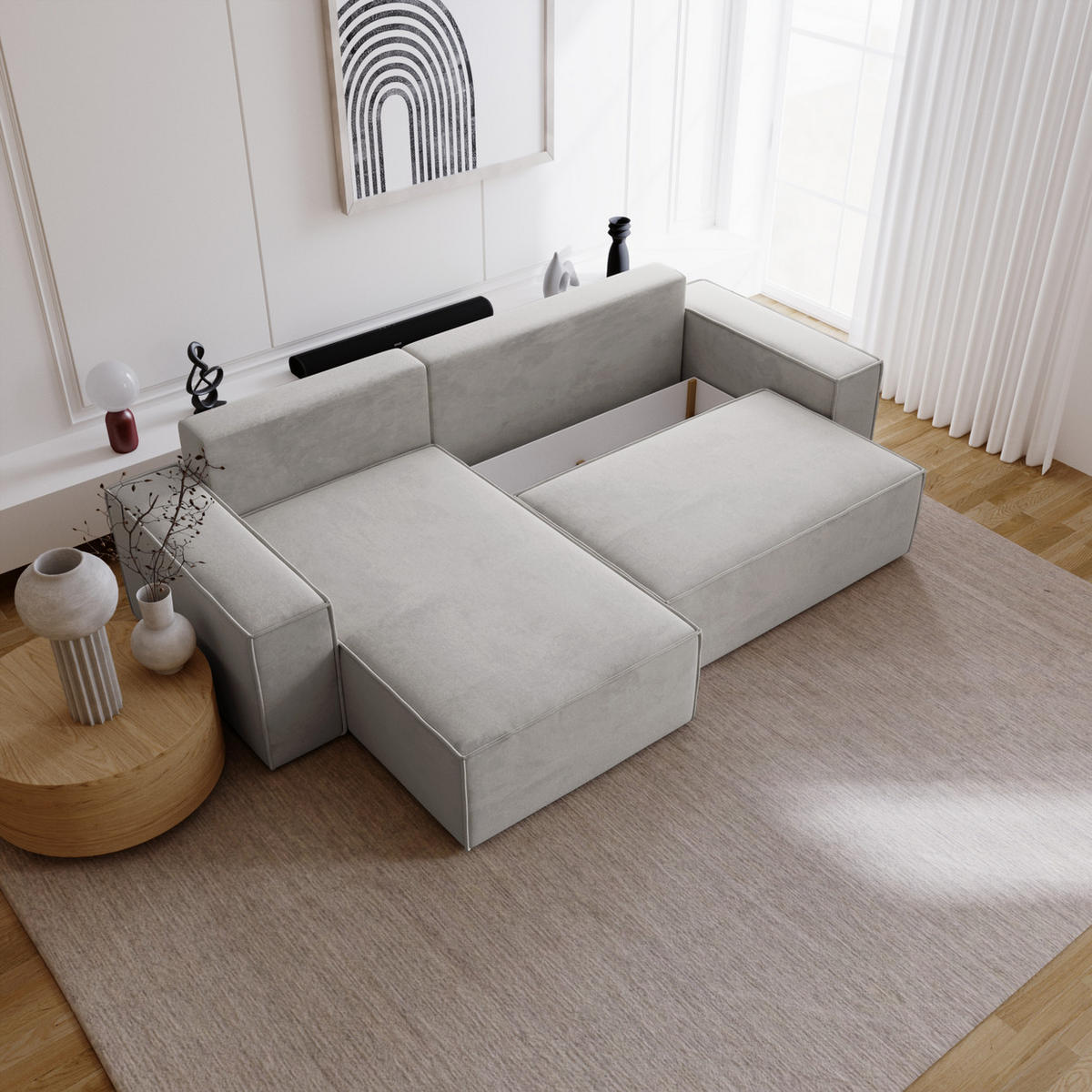 ECKSOFA mit Schlaffunktion Bergamo L 280 cm, Samt, Links - Hellgrau - Hellgrau, Holz (277/189cm) - Emporius