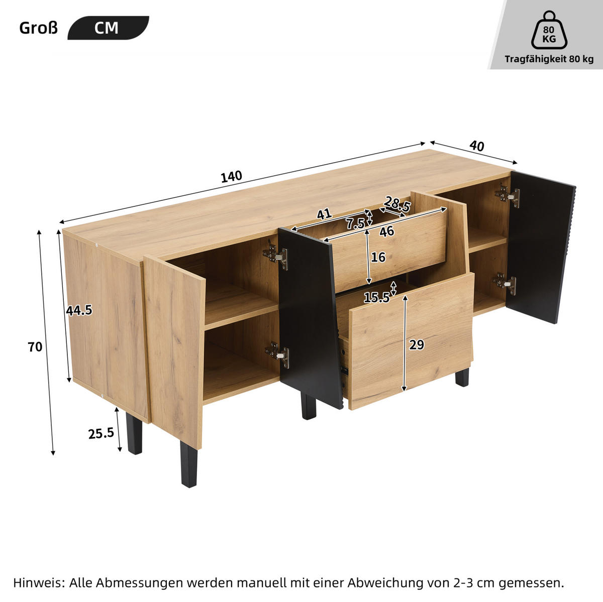 SIDEBOARD 140/40/70 cm, Eichenoptik mit 2 Schubladen und 4 Türen, Massivholzbeine, höhenverstellbare Einlegeböden, Eiche - Eichefarben, Holzwerkstoff (40/70/140cm) - Redom