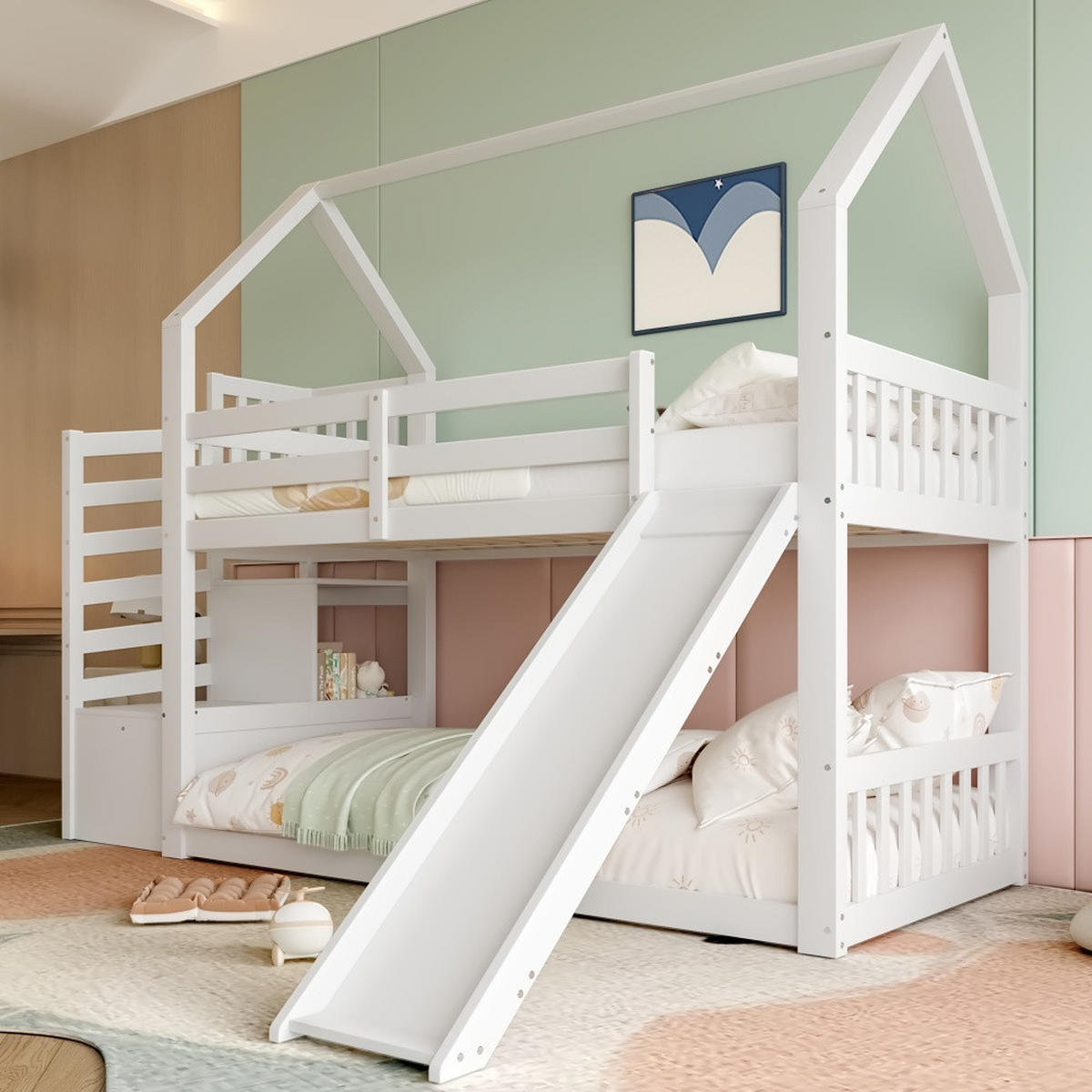 KINDERBETT 90x200 cm, Etagenbett mit Treppe, Stauraum, Rutsche & Schutzgitter, ohne Matratze, weiß - Weiß, Holz (90/200cm)