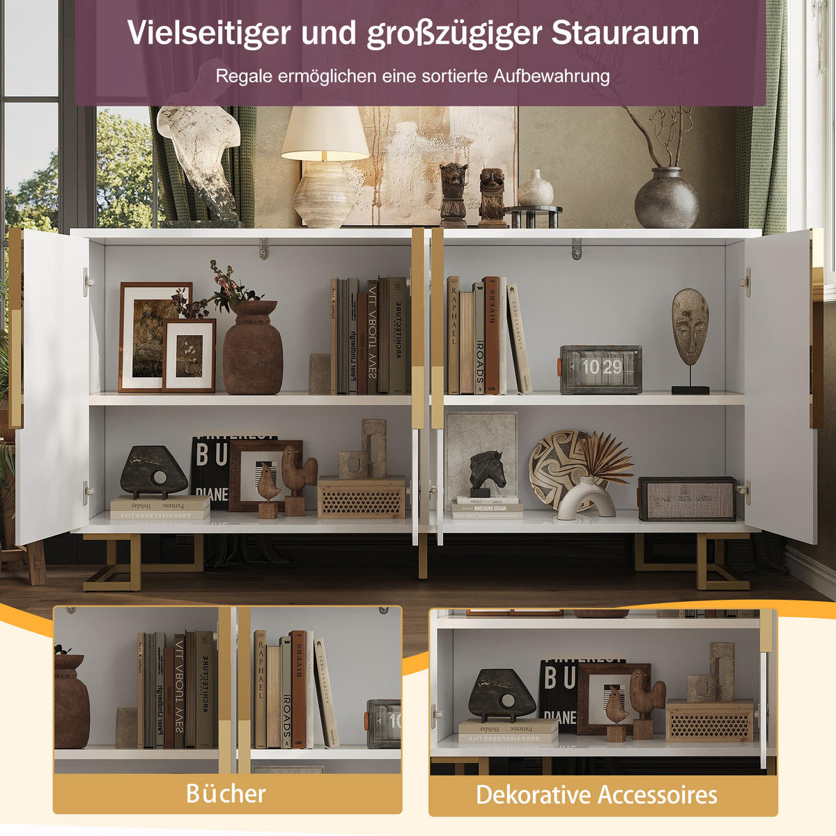 SIDEBOARD aus MDF 152x40x75 cm Weiß mit 2 Türen, 4 Fächern, goldfarbenen Griffen und Kippschutz - Weiß, Holzwerkstoff (152/75/40cm) - Modfu