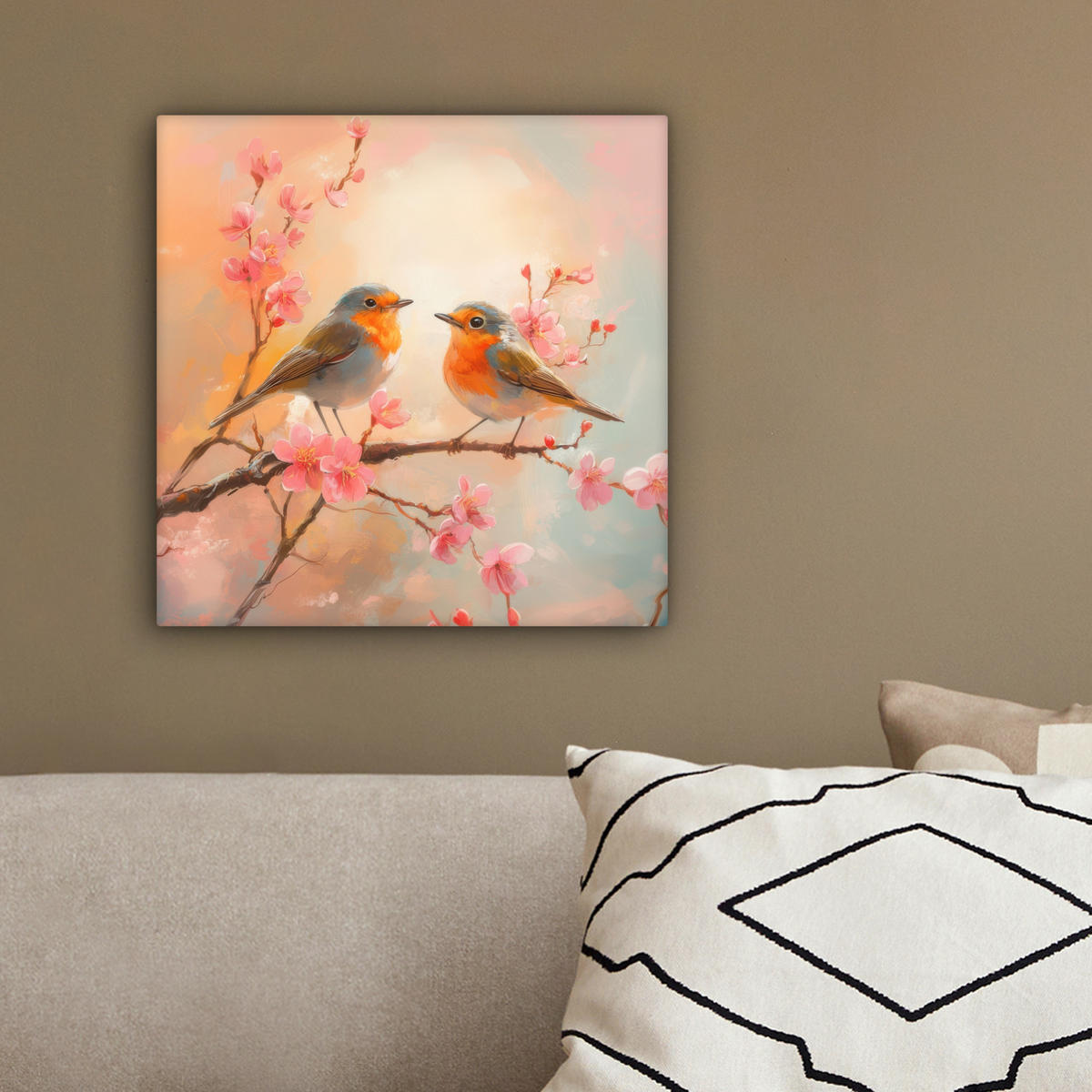 LEINWANDBILD Rotkehlchen - Zierpflanze - Blütenzweig 20x20 cm - Hellrosa, Textil (20/20cm) - MuchoWow