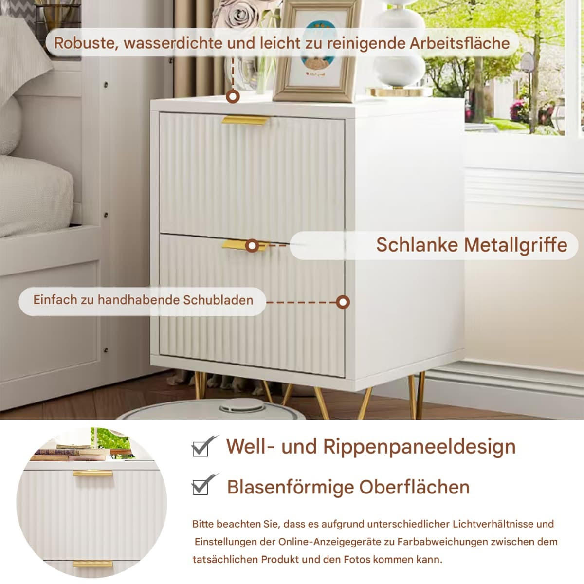 NACHTTISCH 2er-Set Weiß mit Wellenmuster & Goldgriffen, Modern - Weiß, Holz (40/55/40cm) - CASIVA