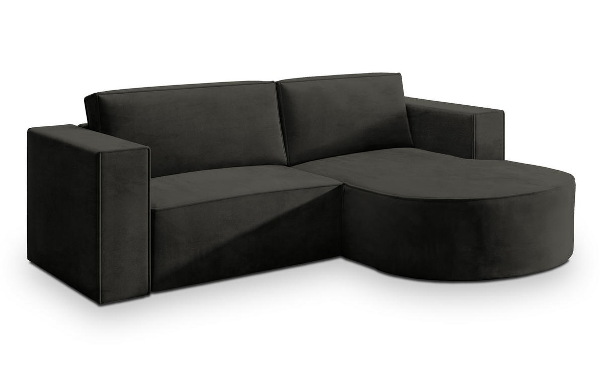ECKSOFA SORELA M R-S Schwarz Velours-Stoff mit Schlaffunktion - Schwarz, Holz (263/174cm) - MASSENO
