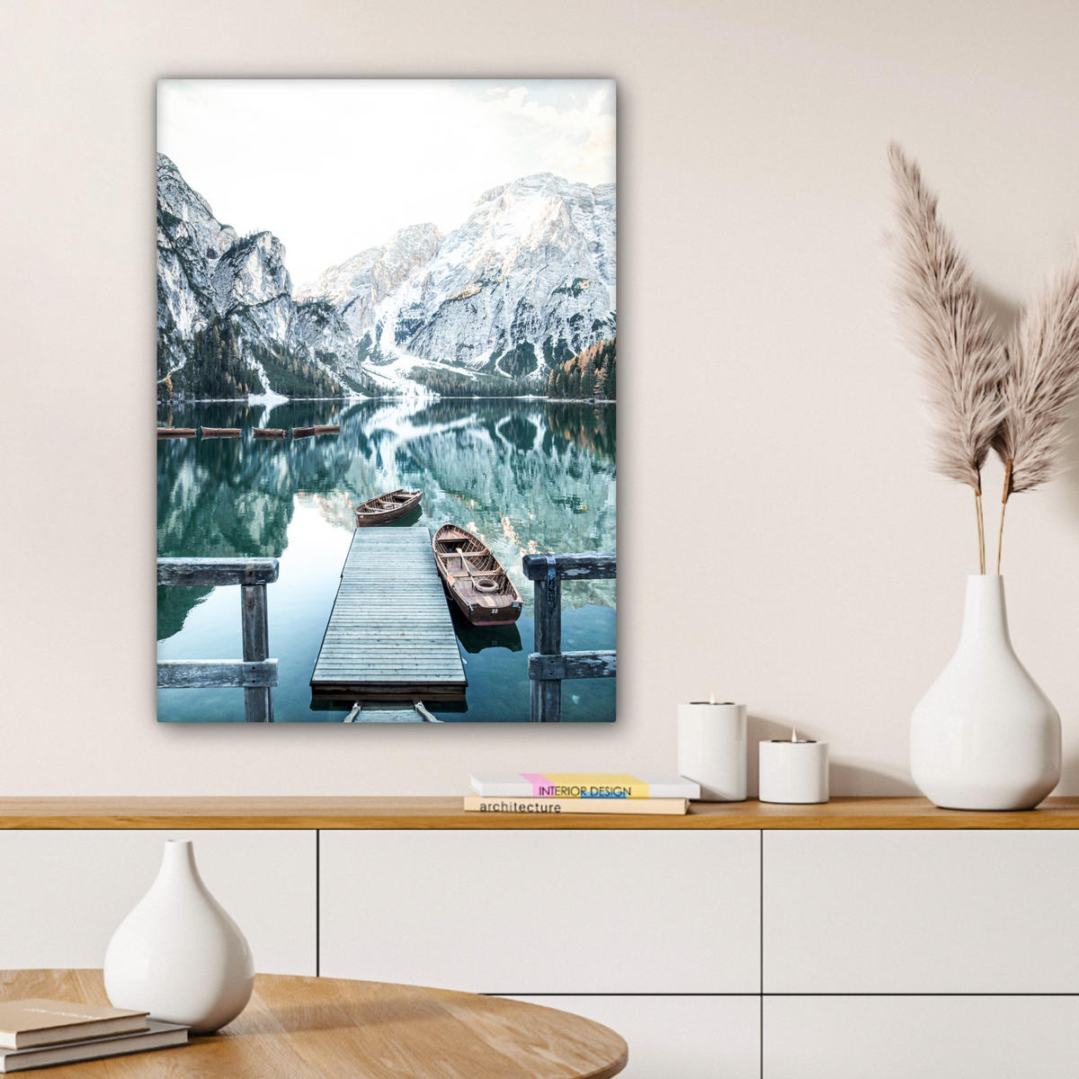 LEINWANDBILD Natur - Berge - Schnee - Wald - Boot 60x80 cm - Hellgrün, Textil (60/80cm) - MuchoWow