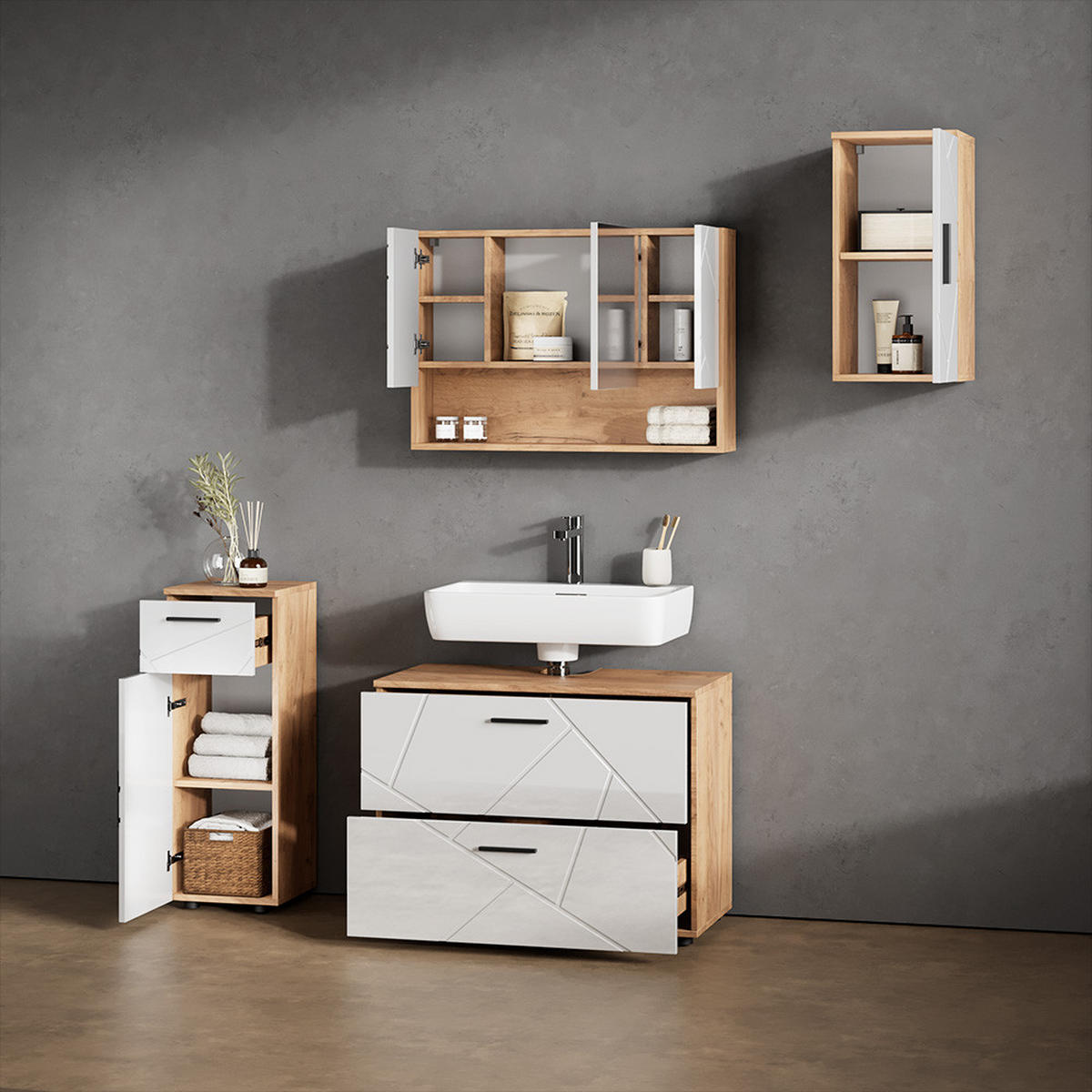 BADMÖBEL-SET Ronco Weiß Hochglanz/Goldkraft Eiche 4 Teile - Honigeiche/Weiß Hochglanz, Holzwerkstoff (80/58/41cm) - Livinity®