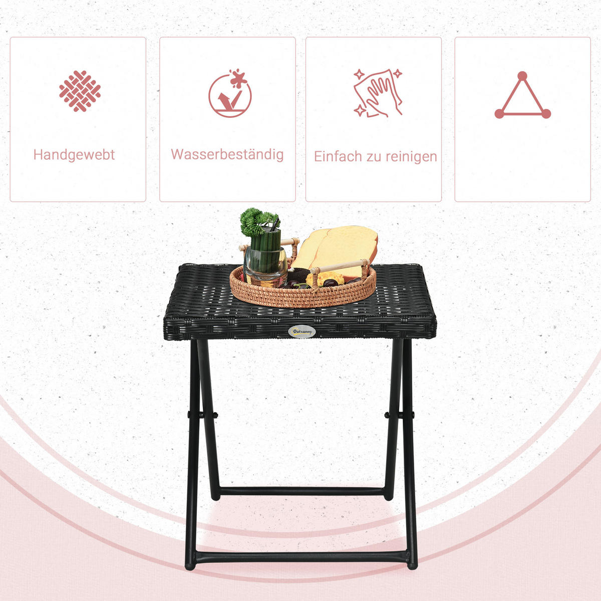 GARTENKLAPPTISCH, Schwarz, Stahl, PE-Rattan - Schwarz, Kunststoff (40/40/40cm) - Outsunny