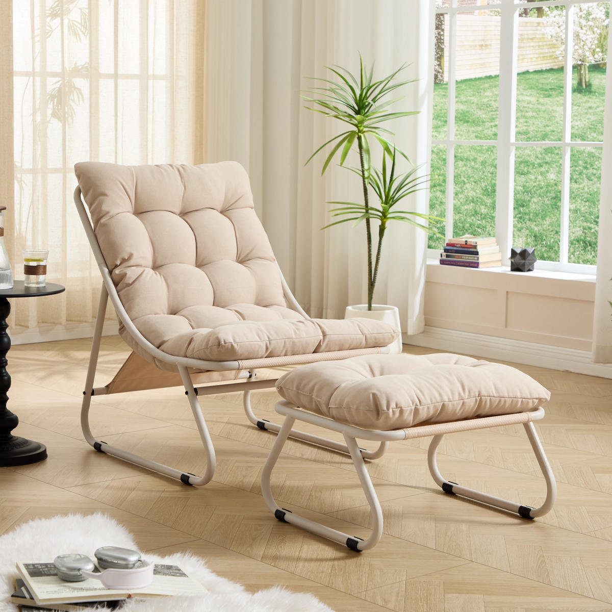 SCHAUKELSTUHL mit Dickem Kissen und Hocker Metallrahmen für Garten Balkon Wohnzimmer - Beige, Metall (65/86/78cm) - PARAFTA HOME