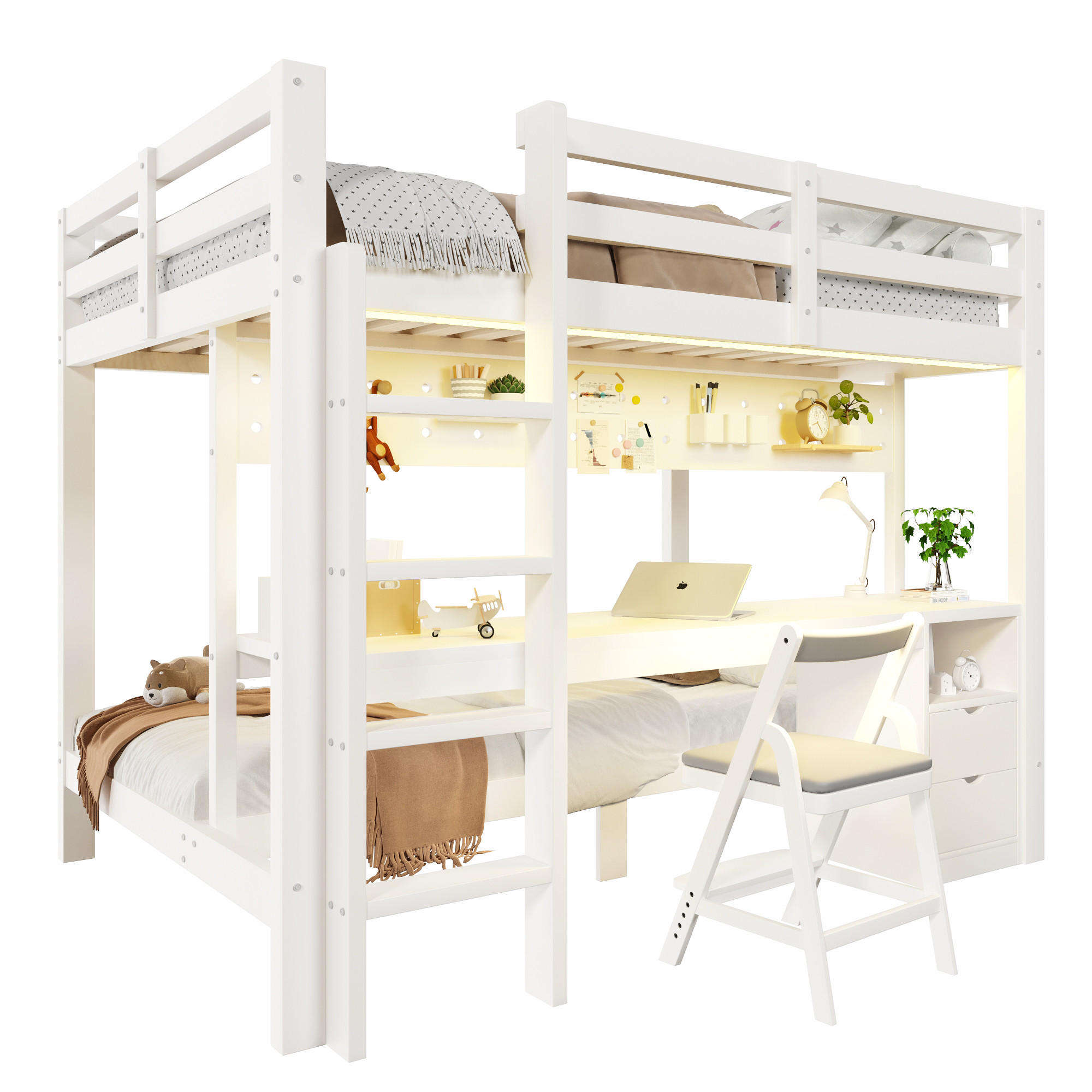 HOCHBETT 140/200 cm & 90/200 cm in Weiß mit Schubladen, Schreibtisch, Lochplatte und LED - Weiß, Holz/Holzwerkstoff (140/200cm) - CHICFURN