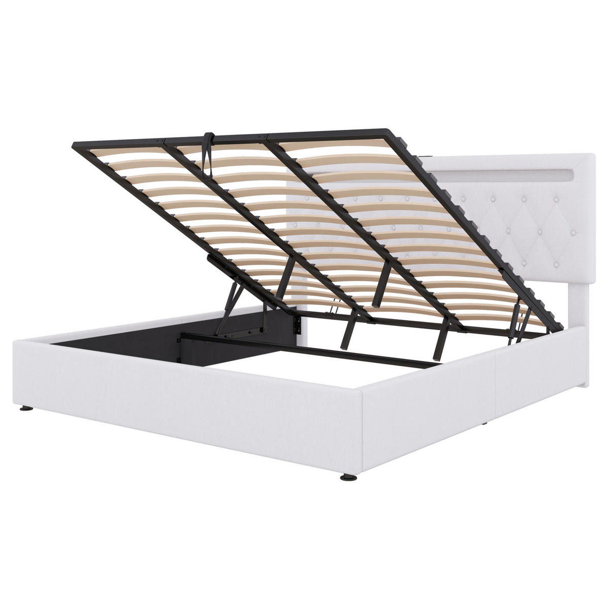 ČALÚNENÁ posteľ 180/200 cm biela s úložným priestorom LED osvetlením a USB z ľanu a MDF - biela, textil (180/200cm) - OKWISH