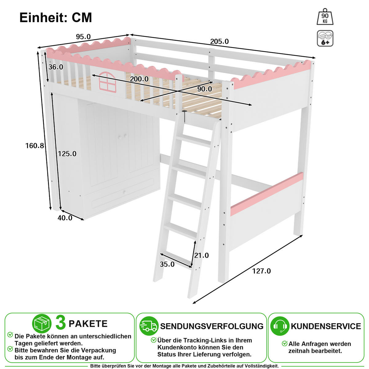 HOCHBETT 90/200 cm in Weiß mit Kleiderschrank, Schublade und LED - Weiß, Holzwerkstoff/Metall (90/200cm) - CHICFURN