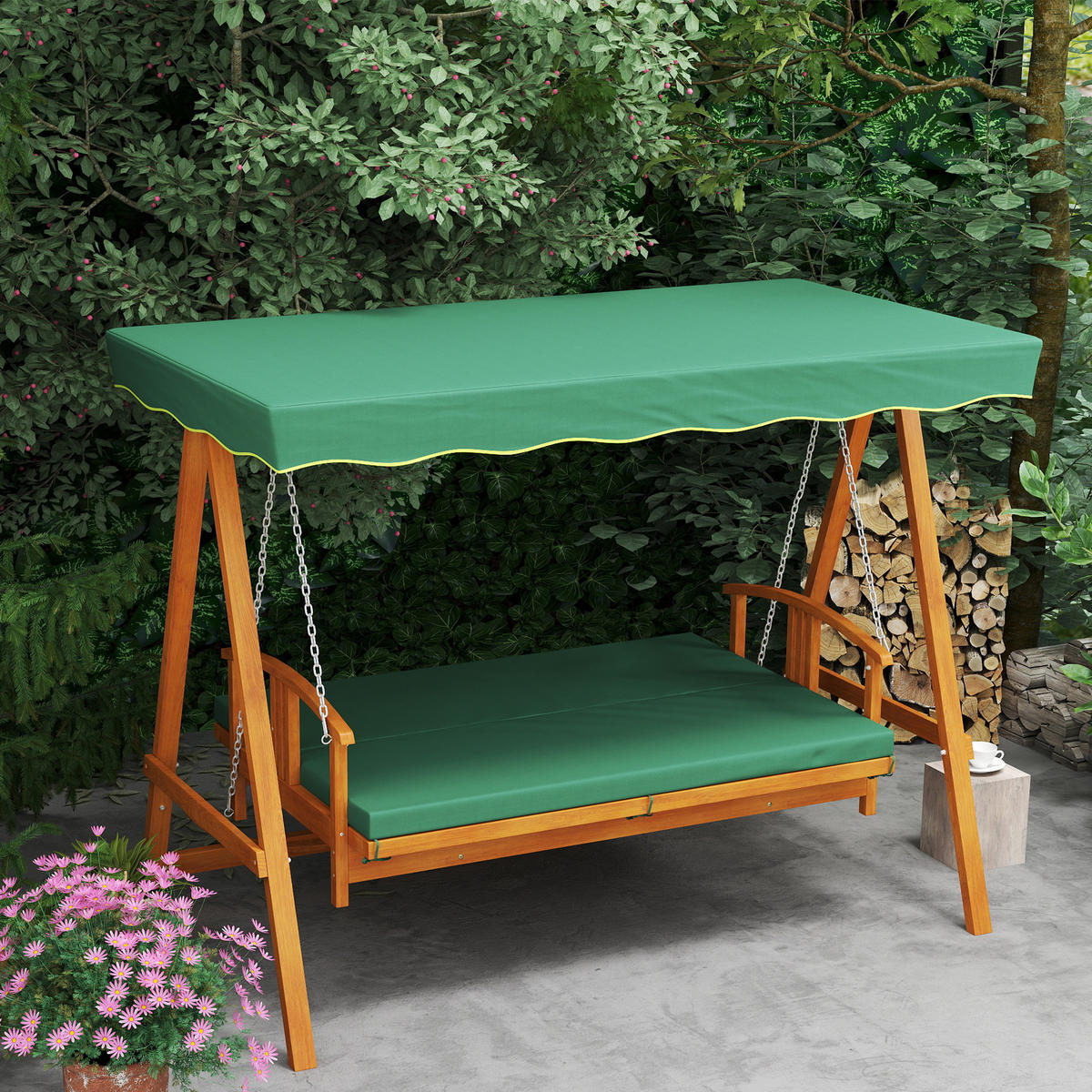 HOLLYWOODSCHAUKEL DE-07044 3-Sitzer Echtholz mit Liegefunktion Dunkelgrün - Dunkelgrün, Holz (236/181/130cm) - ComfortXL