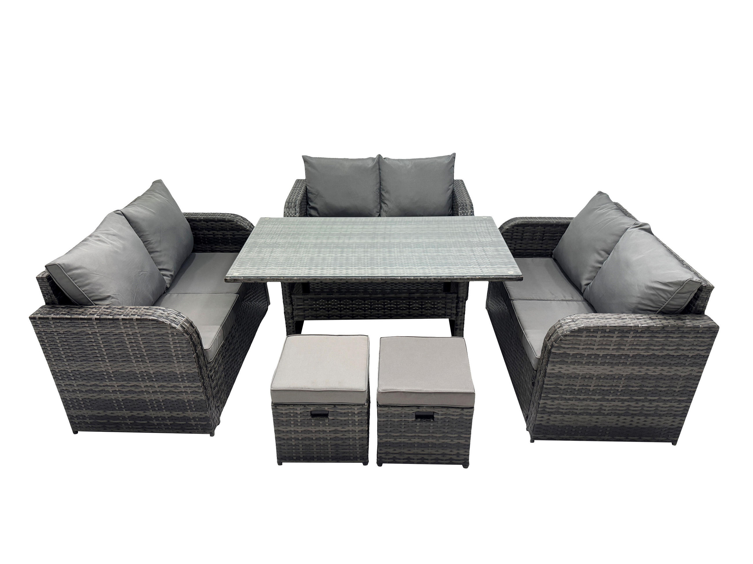 SITZGRUPPE mit Esstisch,Zweisitzer,2 Hockern Polyrattan 8-Sitzer - Dunkelgrau/Grau, Glas/Kunststoff - Fimous