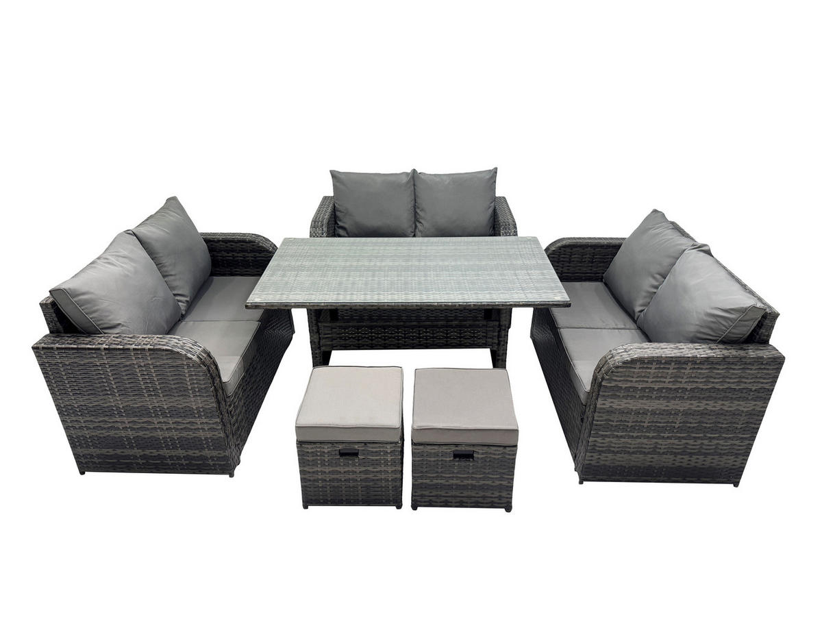 SITZGRUPPE mit Esstisch,Zweisitzer,2 Hockern Polyrattan 8-Sitzer - Dunkelgrau/Grau, Glas/Kunststoff - Fimous