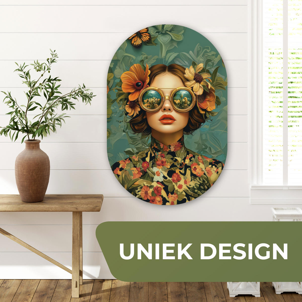 WANDBILD Frau - Blumen - Schmetterlinge - Natur - Vintage Wanddeko Schlafzimmer 60x90 cm - Petrol, Kunststoff (60/90cm) - MuchoWow