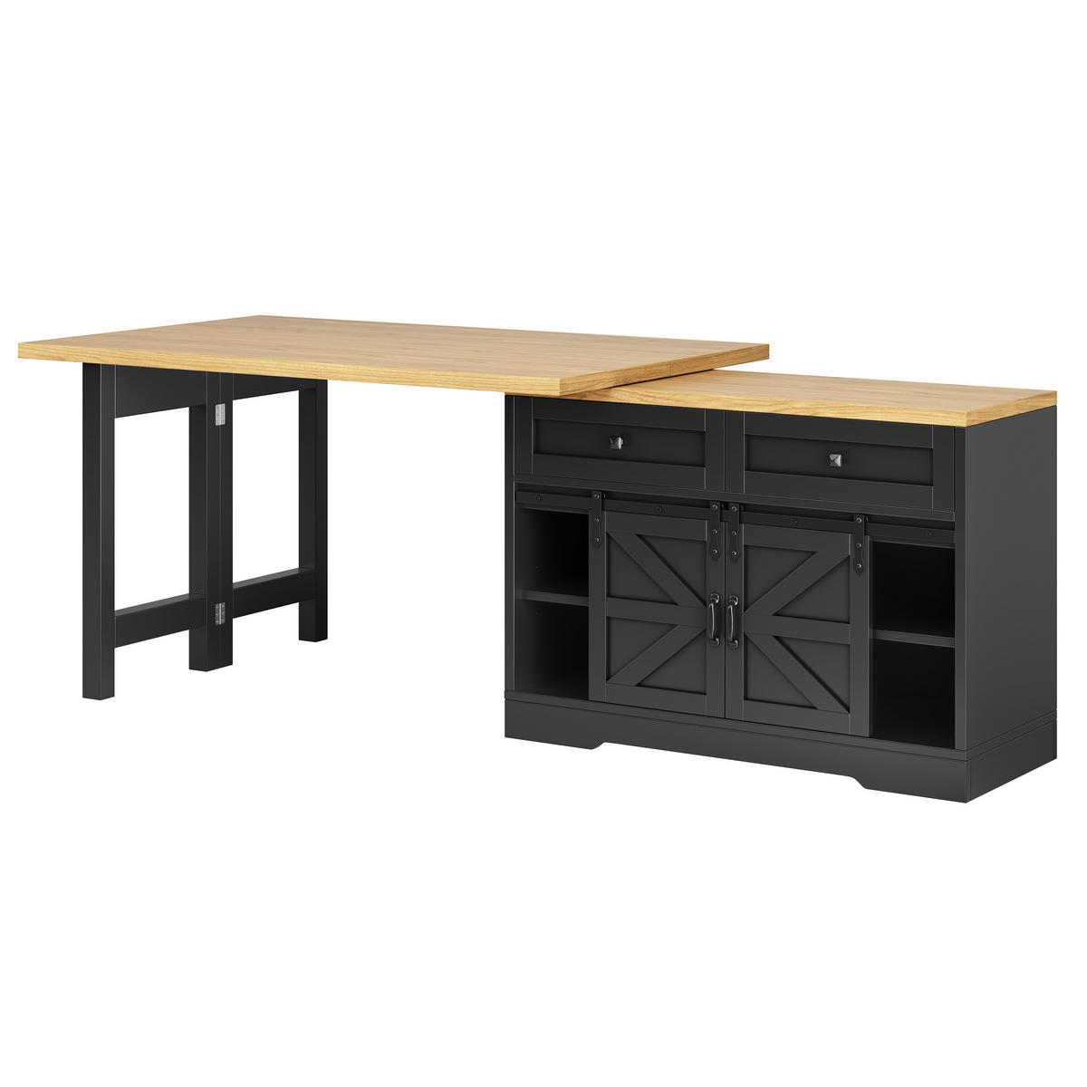 KÜCHENINSEL-ESSTISCH Schwarz 120–197×40×72 cm mit 360° Drehtisch und Scheunentor-Schiebetür aus Holzwerkstoff - Schwarz, Holzwerkstoff (120/72/40cm) - Luhomfu