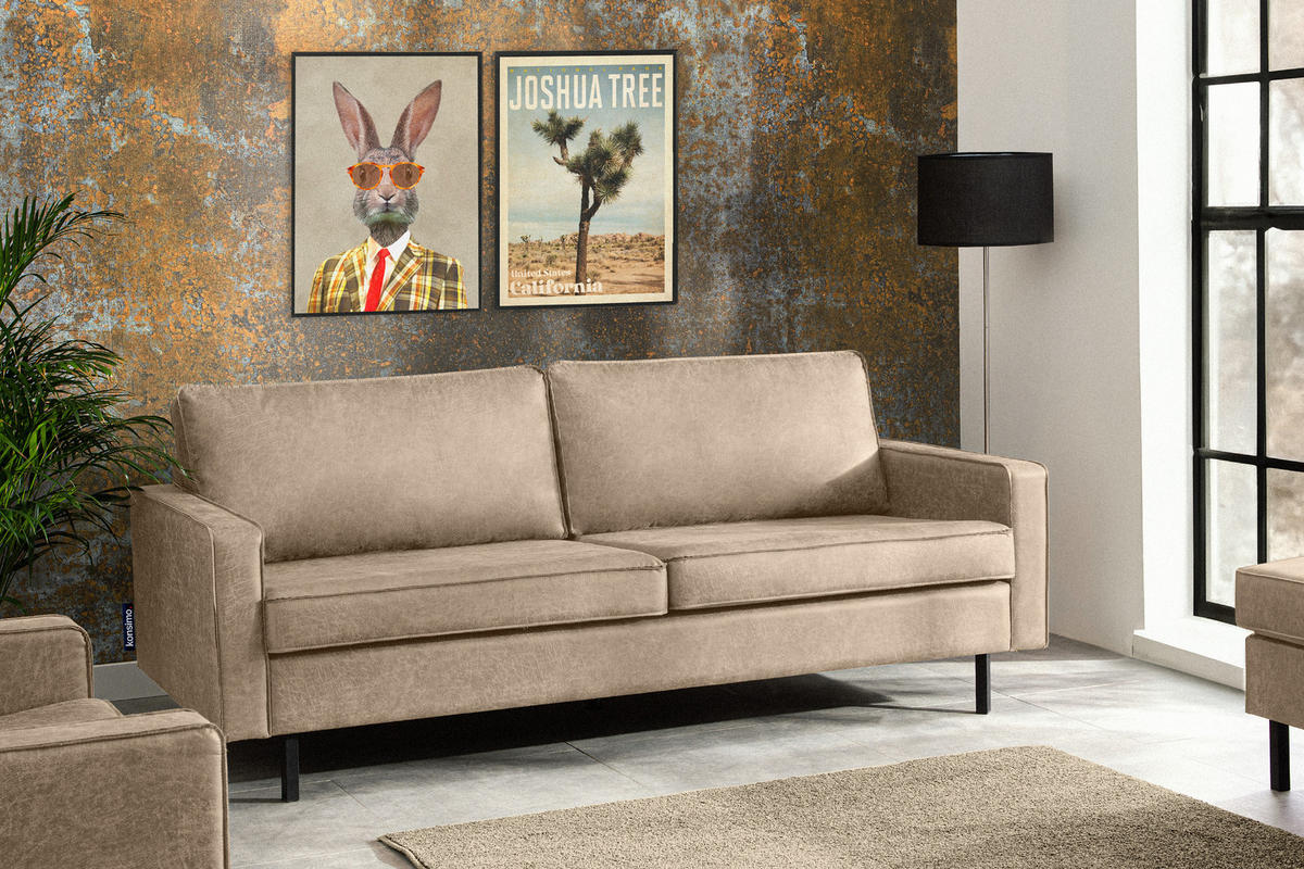 3-SITZER-SOFA INVIA Klassische-Stil mit Armlehnen, Lederoptik-Stoff, beige - Beige/Schwarz, Textil (209/87/98cm) - KONSIMO®