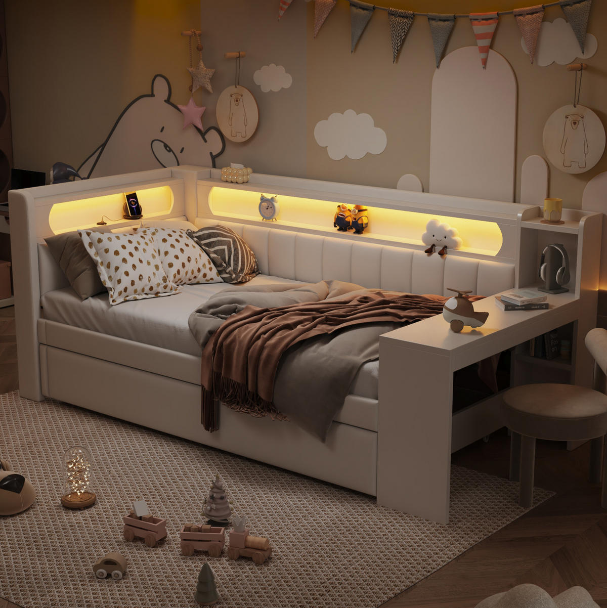POLSTERBETT 90/200 cm mit LED-Beleuchtung, USB und Ausziehbett in Weiß - Weiß, Holzwerkstoff (90/200cm) - BEAOK