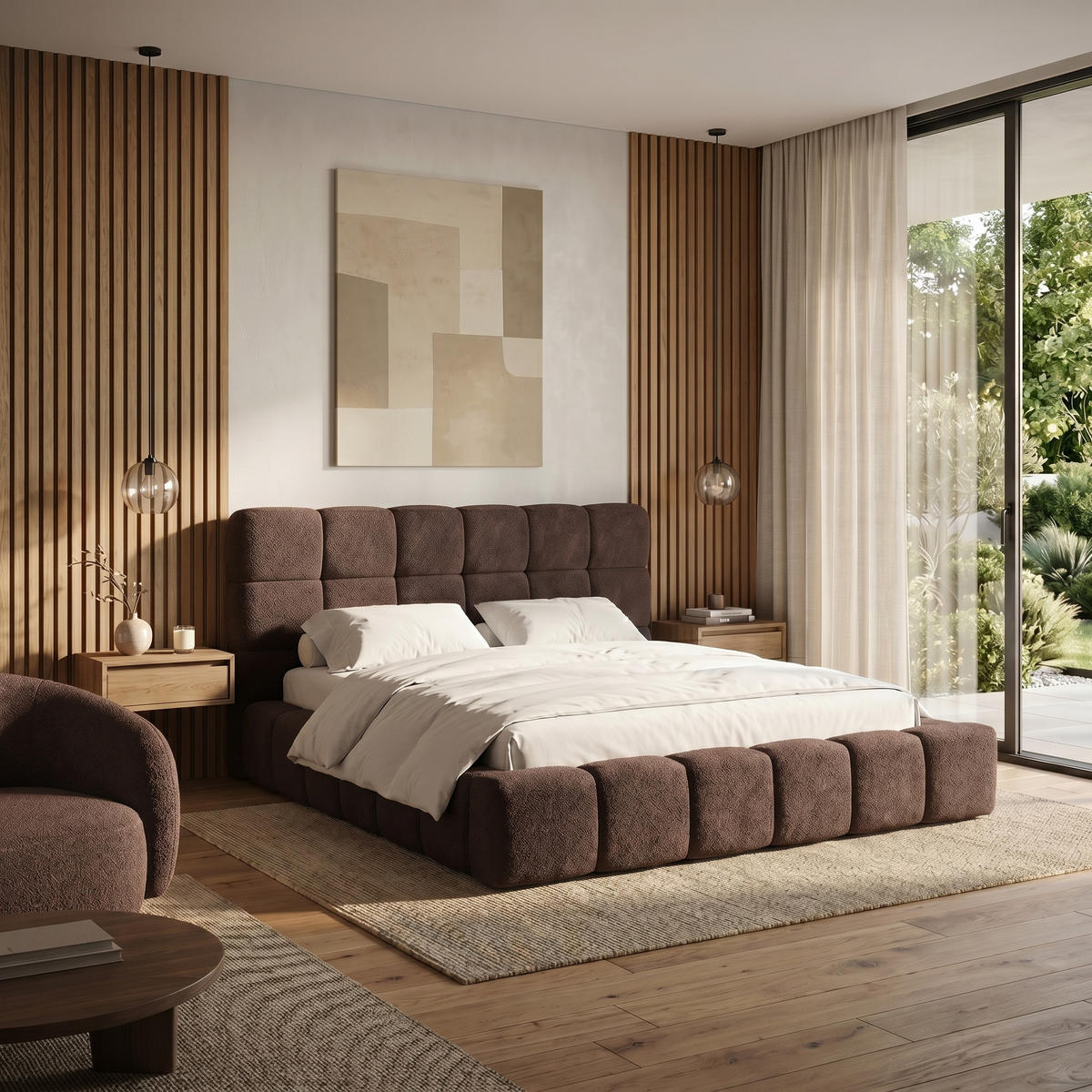 POLSTERBETT AMITY MAXI 160x200 cm in Terrakotta, gepolstertes Kopfteil, Lattenrost, Bettkasten, Bouclé-Stoff - Terracotta/Naturfarben, Holz/Textil (160/200cm) - Muffo