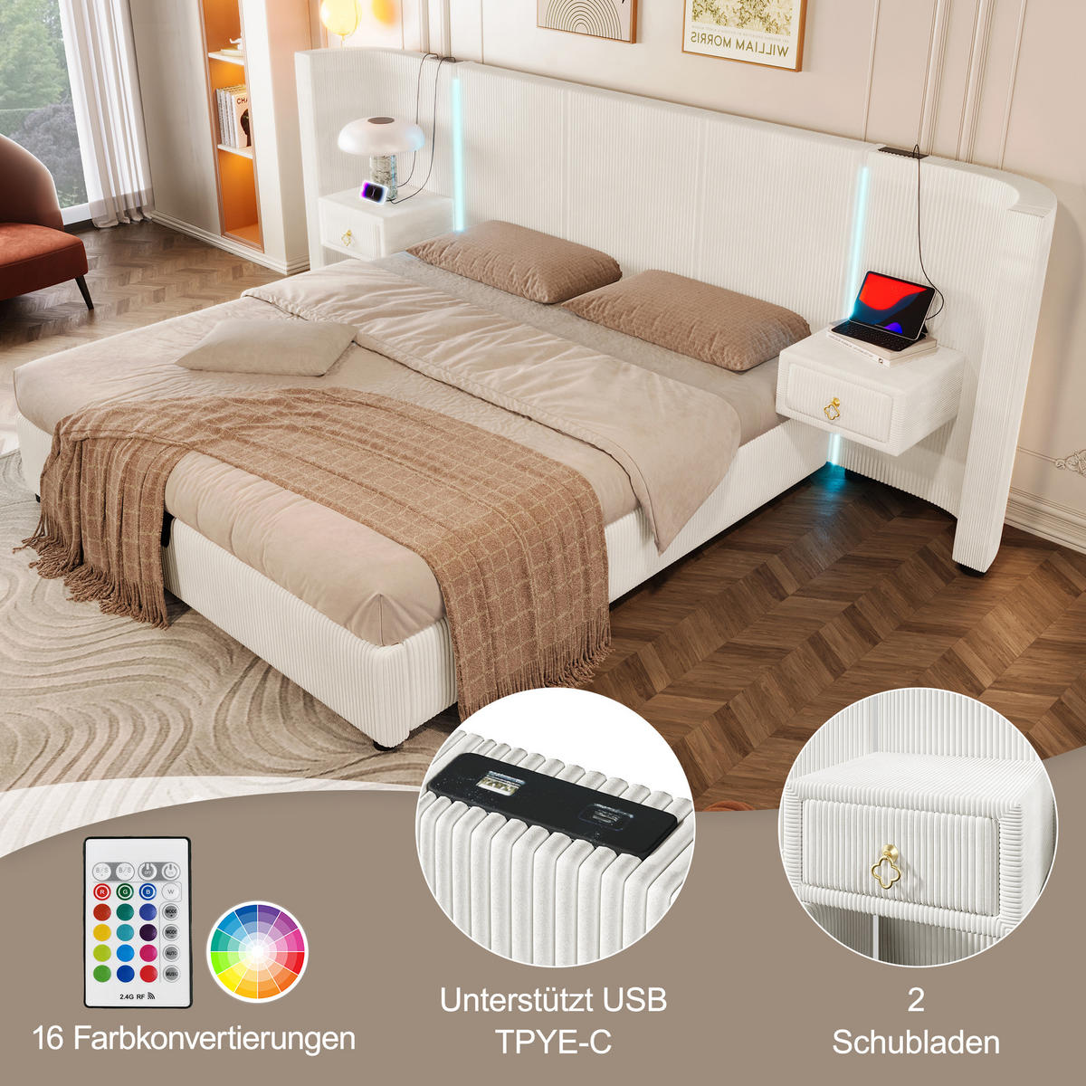 POLSTERBETT 180/200 cm Beige mit LED-Beleuchtung und hydraulischem Stauraum - Beige, Textil (180/200cm) - OKWISH