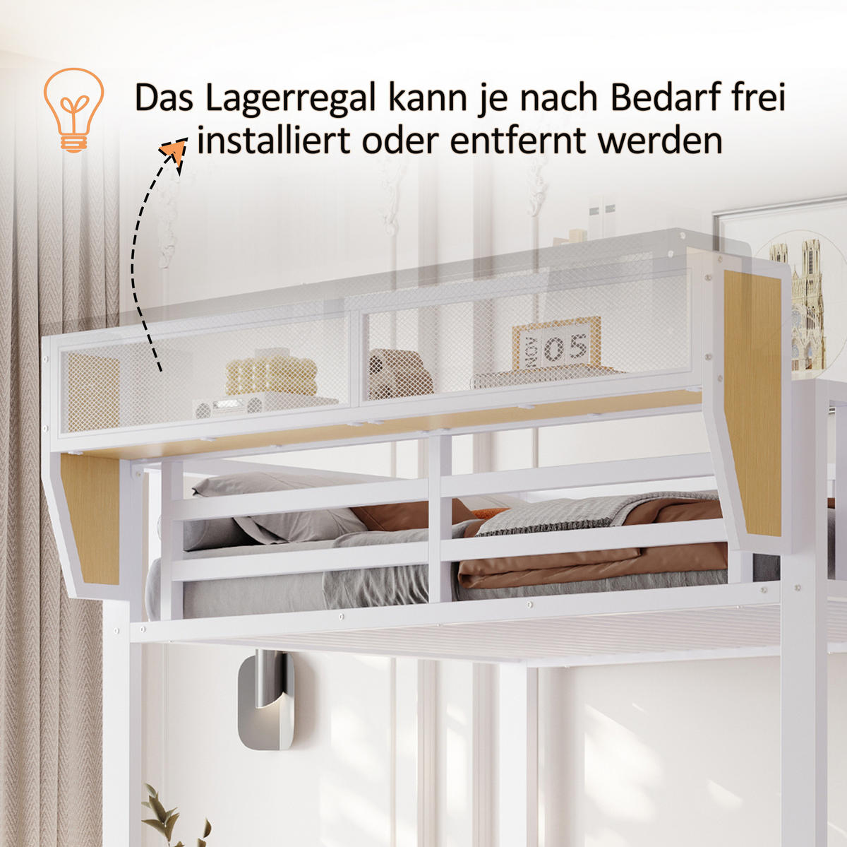 HOCHBETT 90/200 cm mit Schreibtisch, Regalen, LED-Beleuchtung und Steckdose, Metall & MDF, Weiß - Weiß, Holzwerkstoff (90/200cm) - Redom