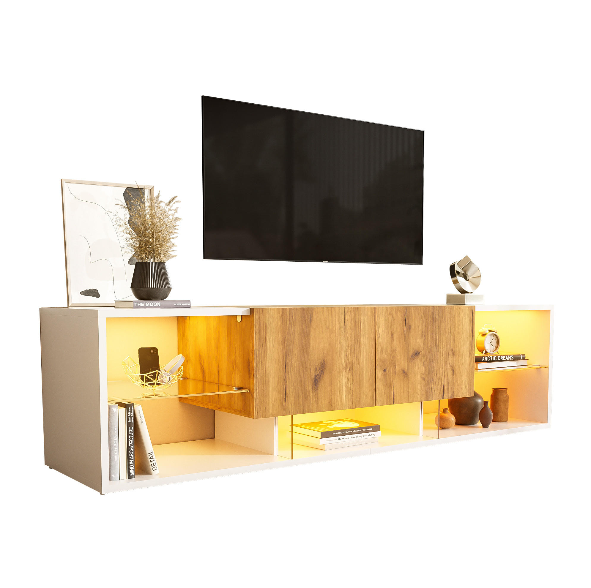 Modfu TV stolek z laminované dřevotřísky 160x40x42 cm bílá a přírodní dub s LED osvětlením, skleněnou policí a 2 zásuvkami
