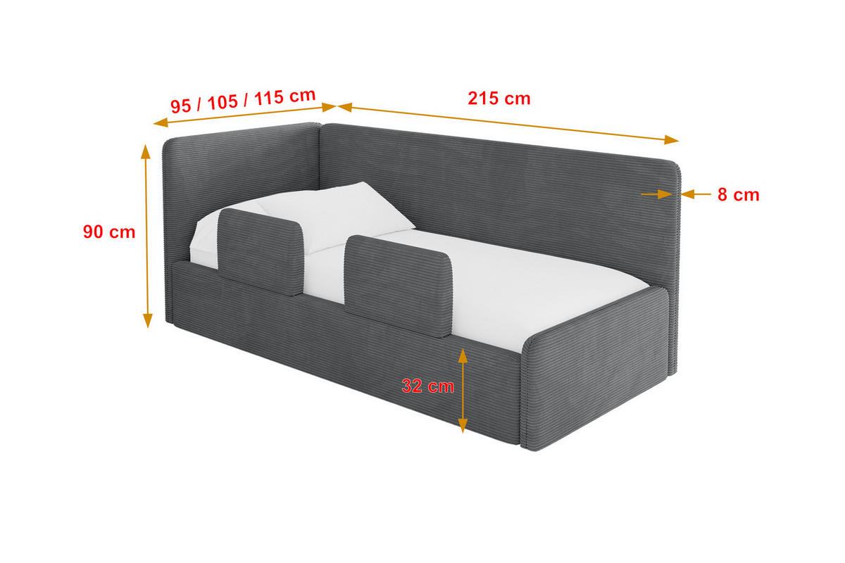 EINZELLBETT Jugendbett mit Bettkasten, Rechts - NORY 100x200 Dunkelgrau - Schieferfarben, Holzwerkstoff/Textil (100/200cm) - ALTDECOR