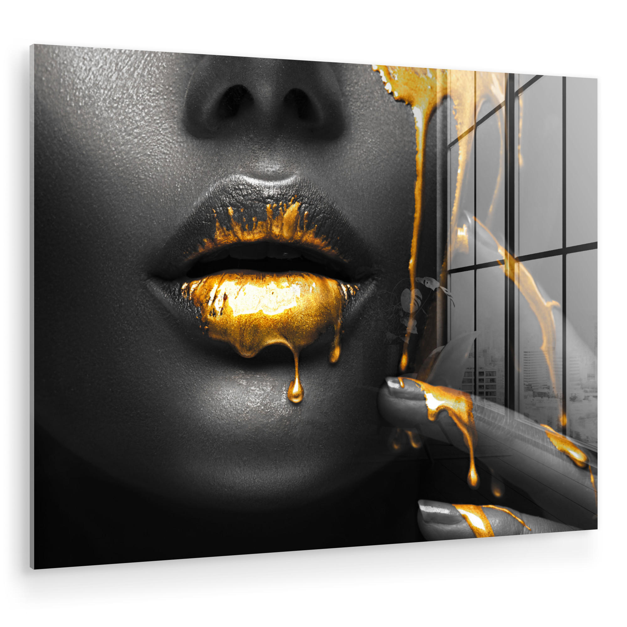ACRYLGLASBILD Frau - Schwarz - Gold - Gesicht - Lippen 80x60 cm - Goldfarben, Glas (80/60cm) - MuchoWow