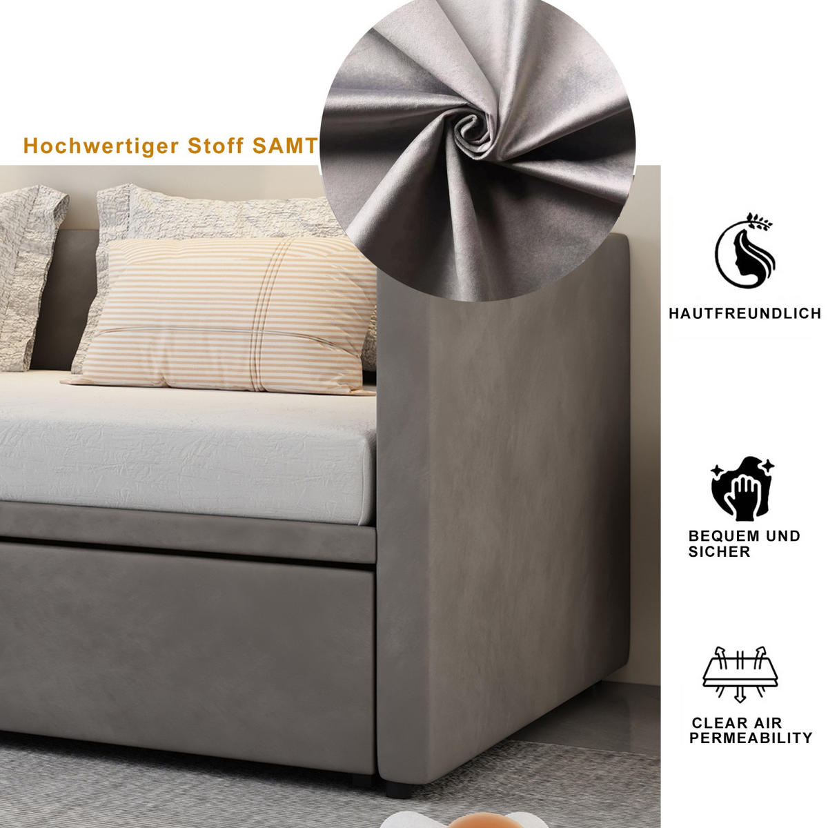 POLSTERBETT Velvet Lounge Polster-Tages 90-180x200 cm ausziehbar mit Gästebett-Funktion, Samt, Grau - Grau, Textil (90/200cm) - DELFA