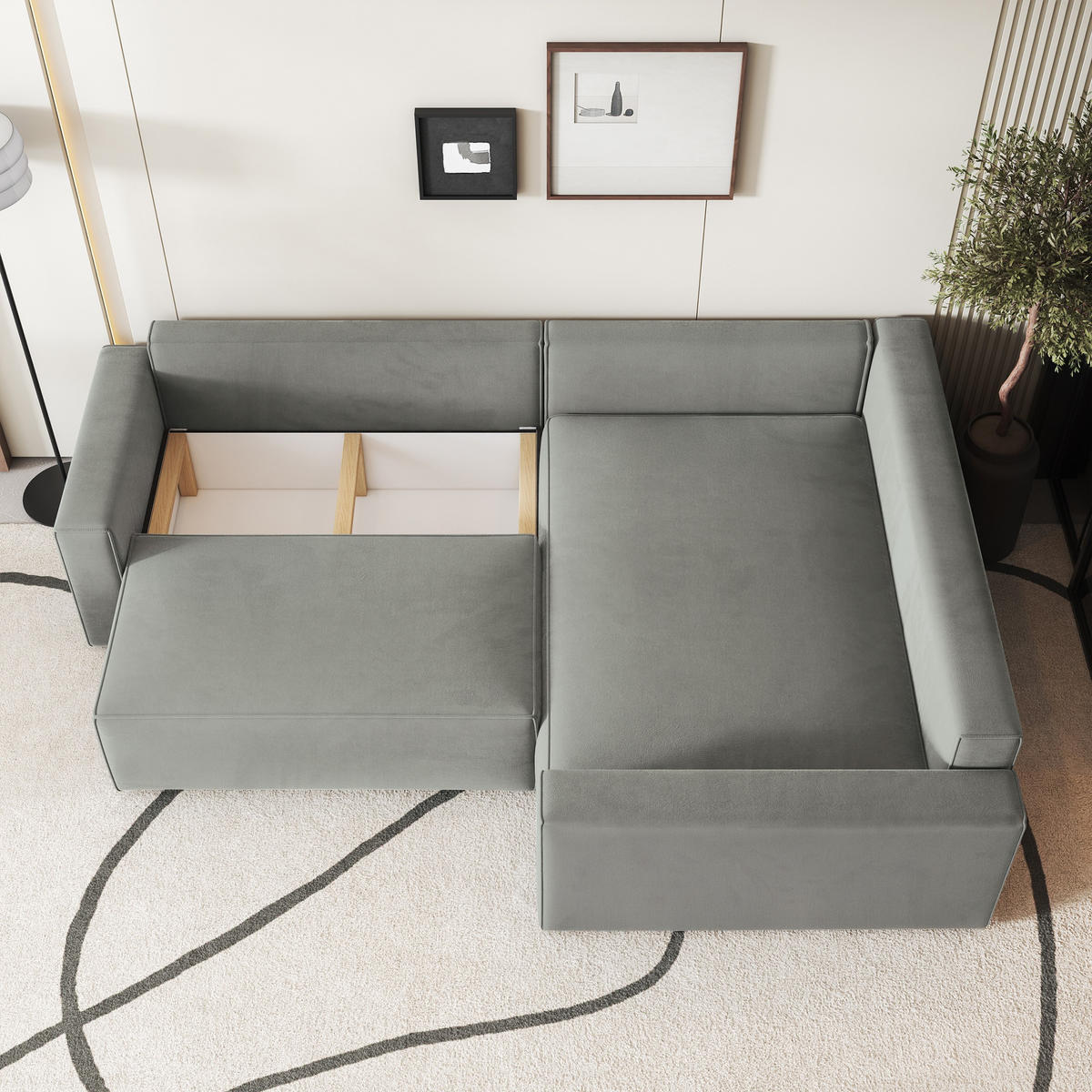 ECKSOFA ERONIS R-S Gelb Velours-Stoff mit Schlaffunktion - Gelb, Holz (265/194cm) - MASSENO