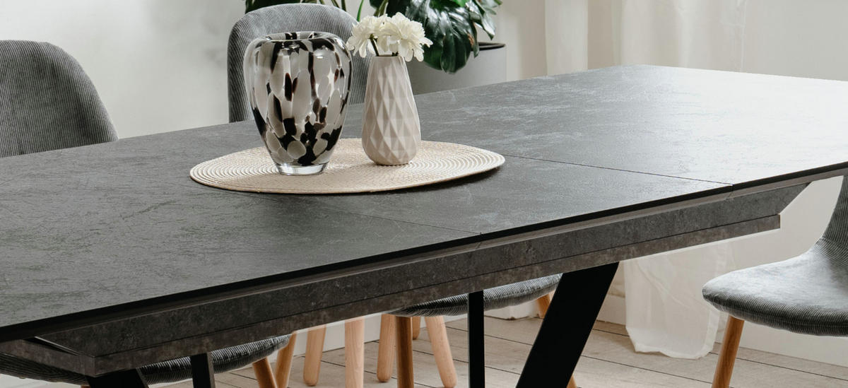 ESSTISCH Stein grau dunkel, Küchentisch ausziehbar 160 - 200 x 90 cm - Dunkelgrau/Schwarz, Holzwerkstoff/Metall (160/90/76cm) - Furn.Design