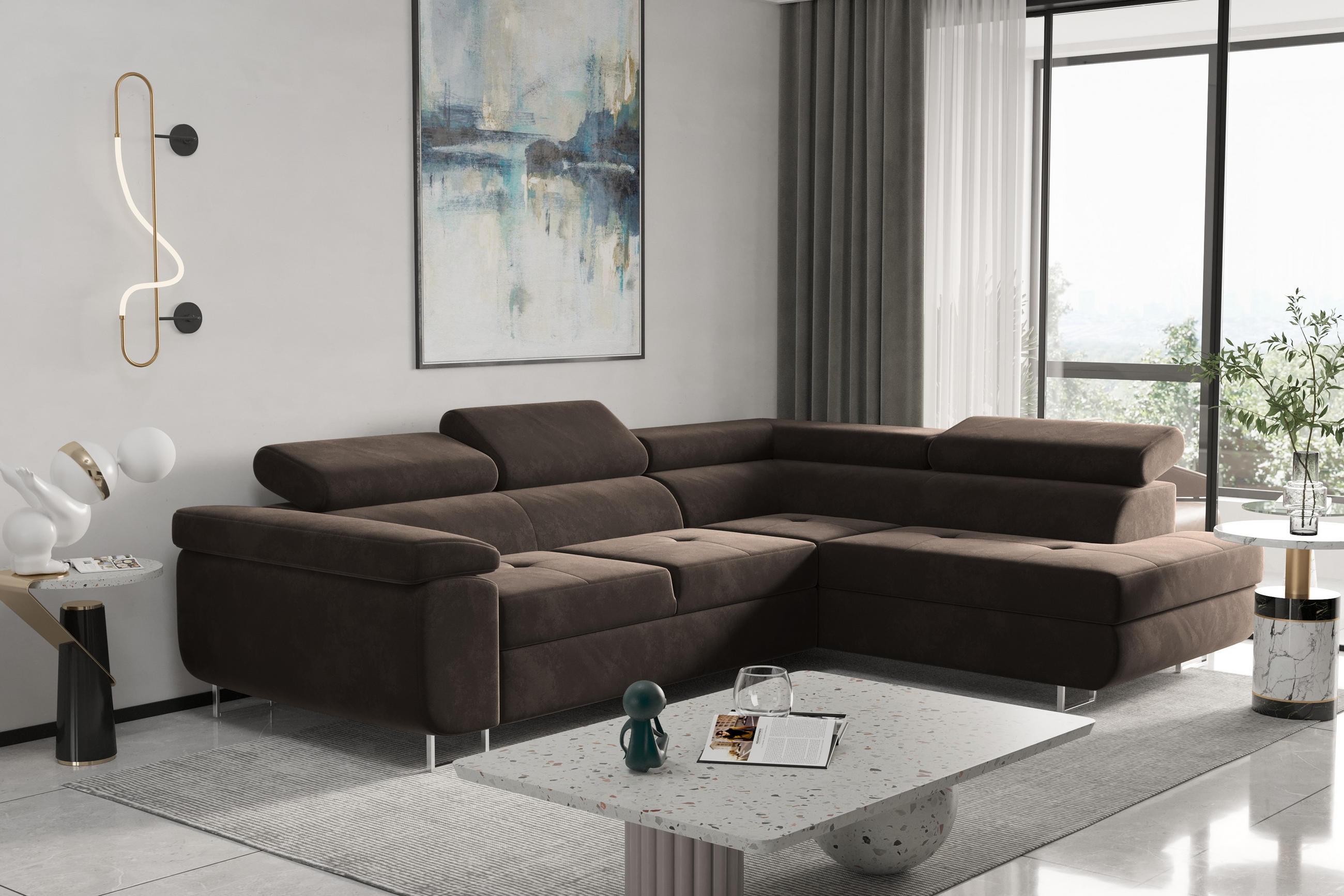 ECKSOFA mit Schlaffunktion und Bettkasten ATOM Dunkelbraun Rechts - Dunkelbraun, Holz/Textil (275/202cm) - Kaiser Möbel