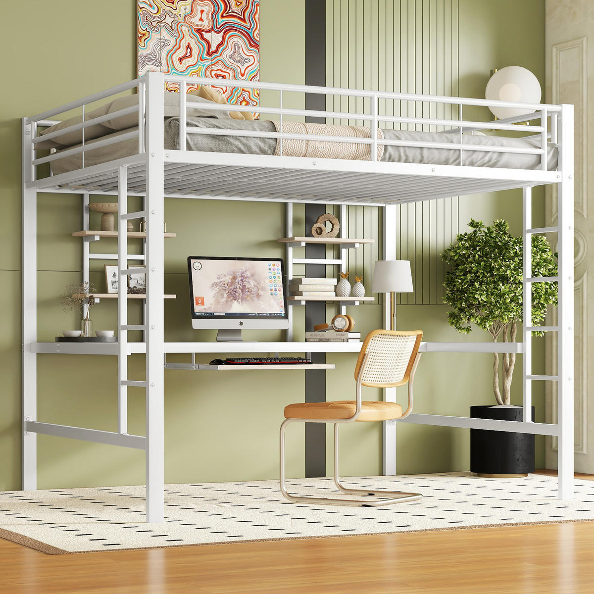 HOCHBETT 140/200 cm Metallbett mit Schreibtisch und Bücherregalen Weiß - Weiß, Metall (140/200cm) - OKWISH