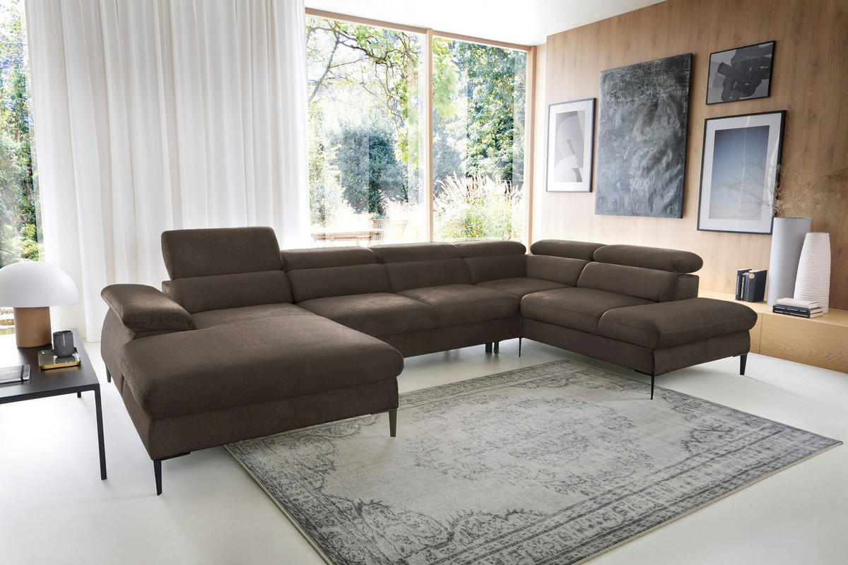 ECKSOFA U-Form 350 cm Amaro M mit Schlaffunktion, Links, Braun - Braun, Holz (214/353cm) - Emporius