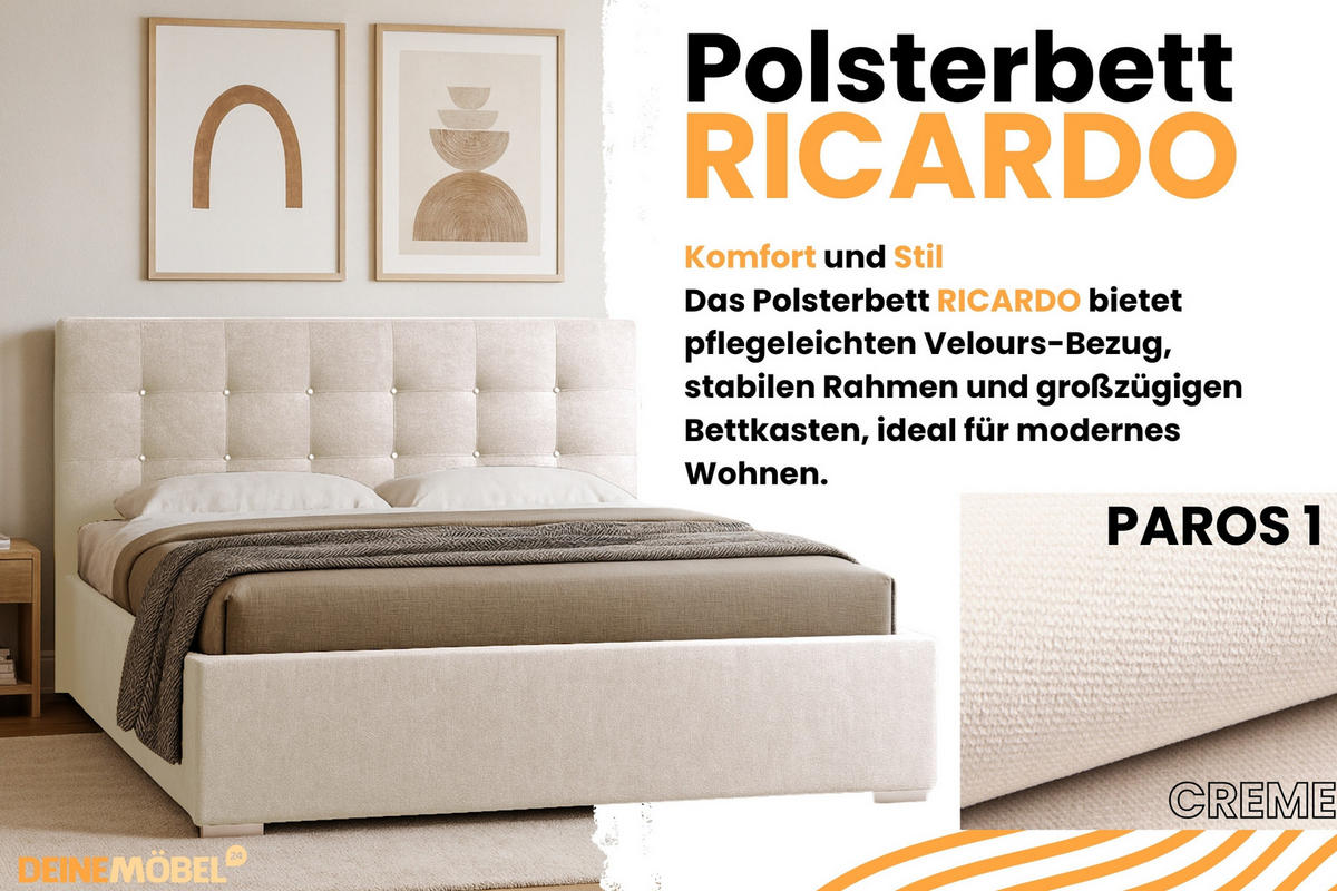 POLSTERBETT RICARDO 200/200 in Velours Ecru - Ecru, Holz/Holzwerkstoff (200/200cm) - Deine Möbel 24