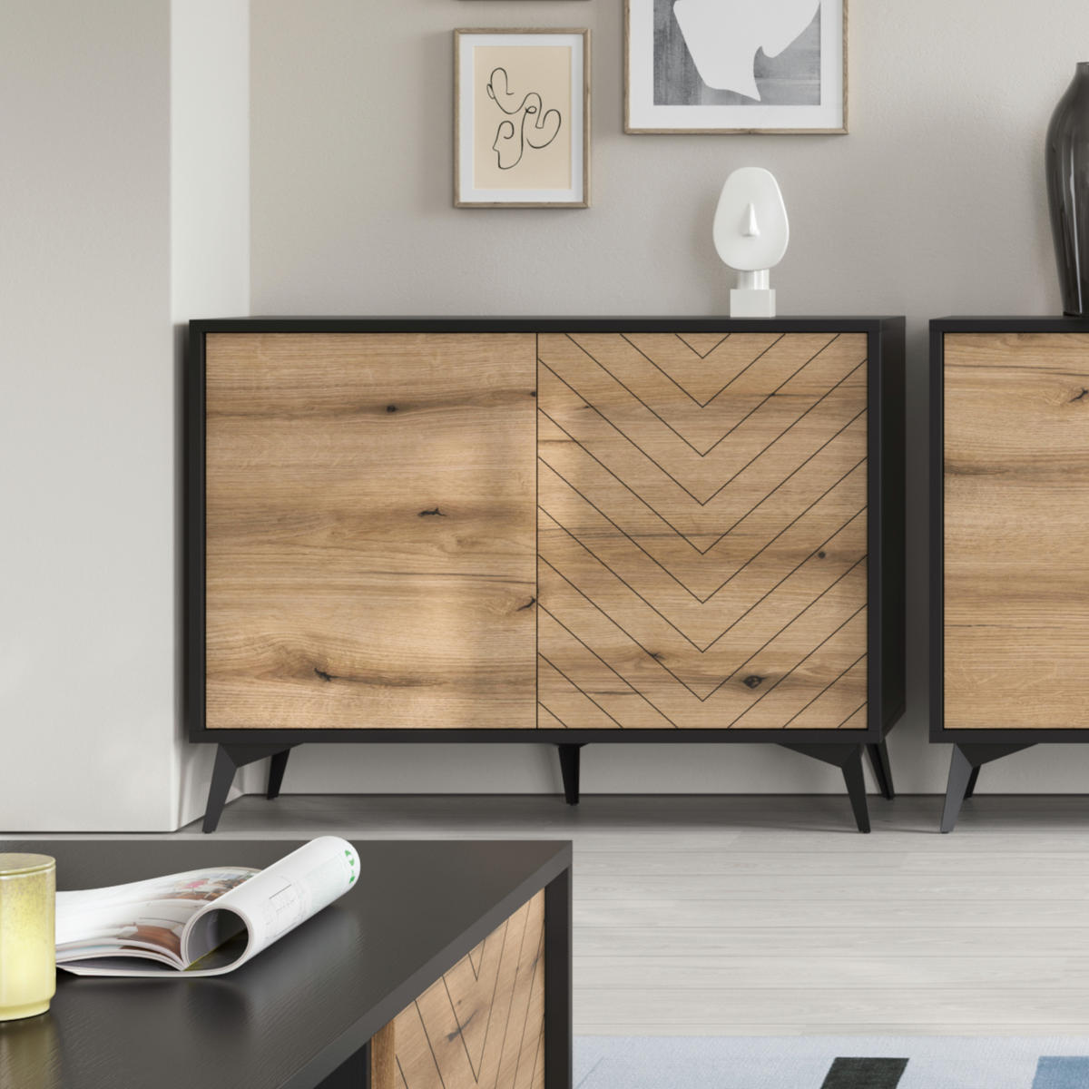 SIDEBOARD Jasper K104 – Eiche Evoke, Schwarz - Eichefarben/Schwarz, Glas/Holzwerkstoff (104/77/39cm) - Komodee