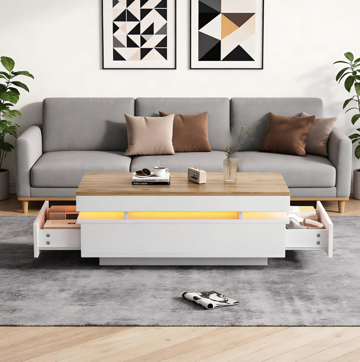 KONFERENČNÍ STŮL bílý a přírodní se 2 zásuvkami, LED, vysoký lesk, do obývacího pokoje, 100 × 50 × 35 cm - bílá/přírodní, kov/kompozitní dřevo (50/100/35cm) - STILVORA