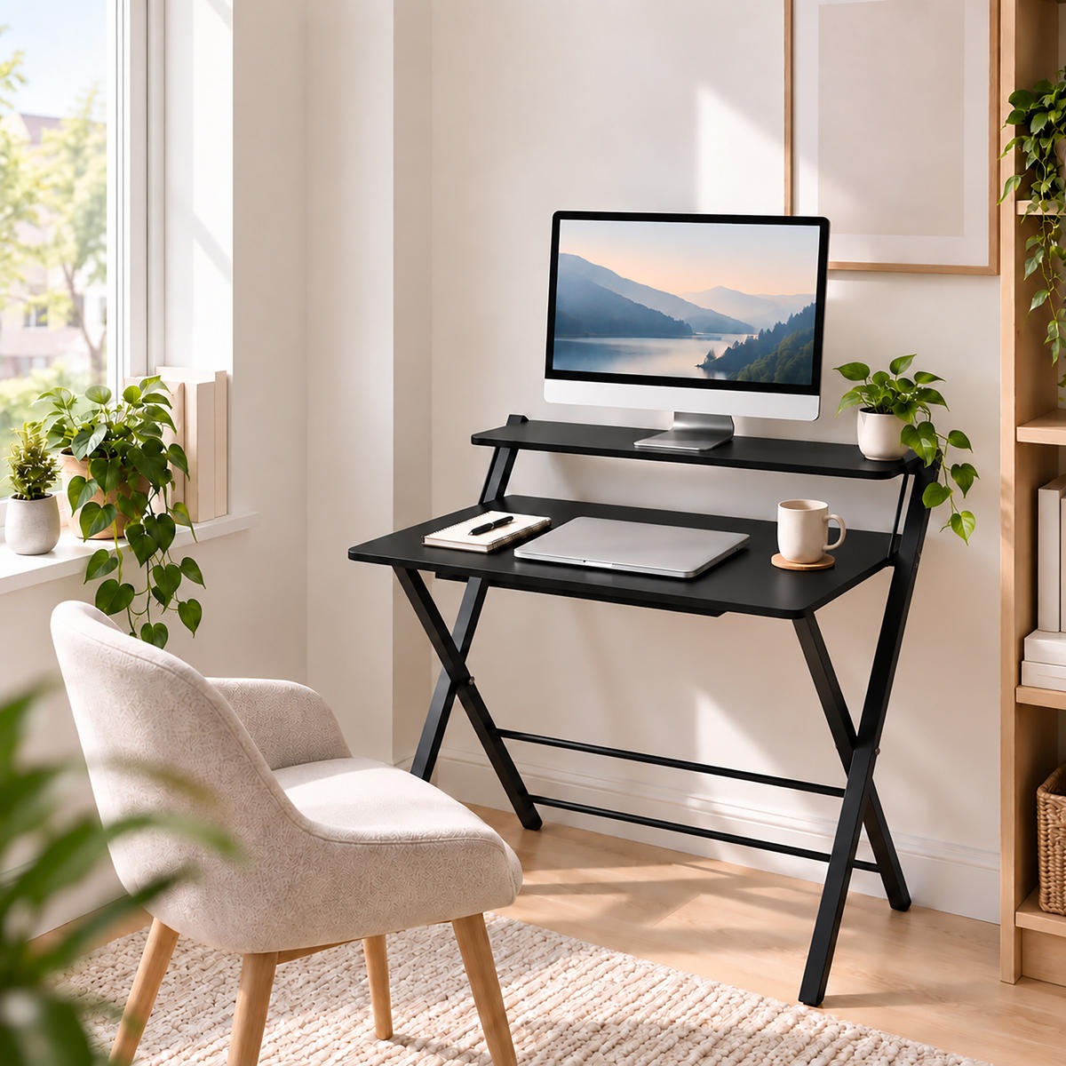 SKRIVBORD Svart hopfällbart med monitorhylla - Svart, Träbaserade material/Metall (56/70/82cm) - Relaxdays