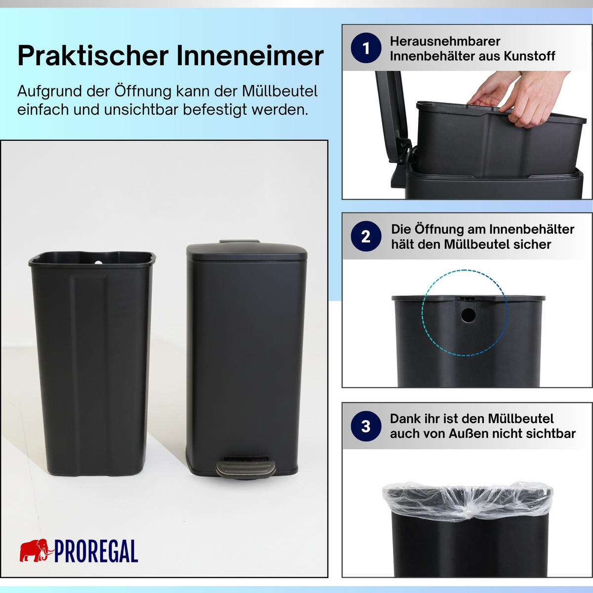 MÜLLEIMER 60 Liter mit Softclose & Fußpedal - Schwarz, Metall (41.5/75.5/49cm) - PROREGAL