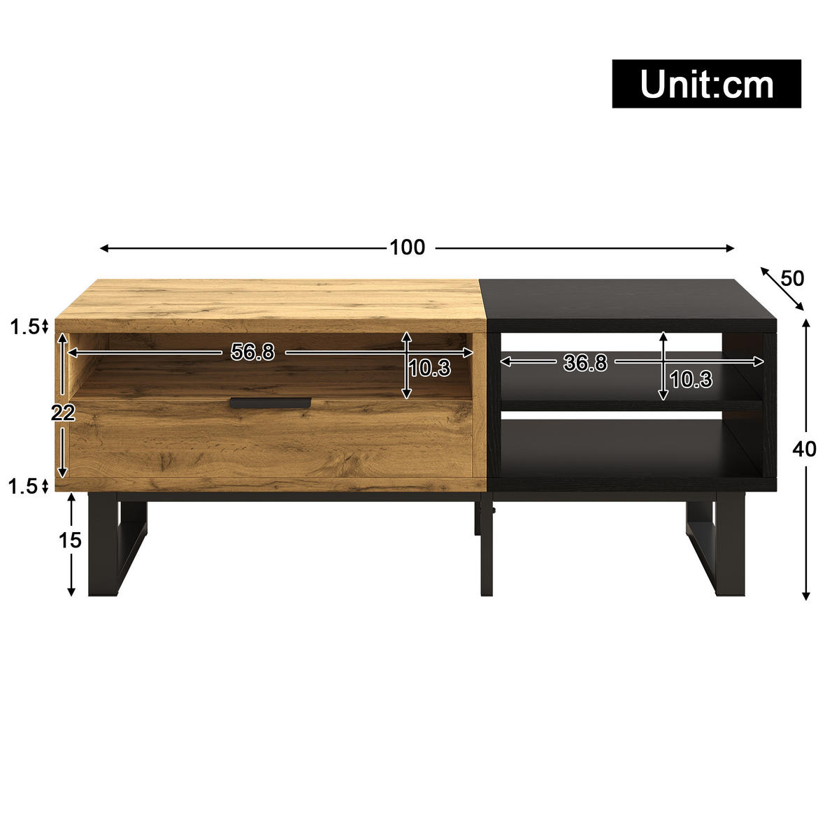 COUCHTISCH 100/50/40 cm Natur/Schwarz aus Spanplatte mit Fächern und Schublade - Naturfarben, Holzwerkstoff (100/50/40cm) - OKMYHOME