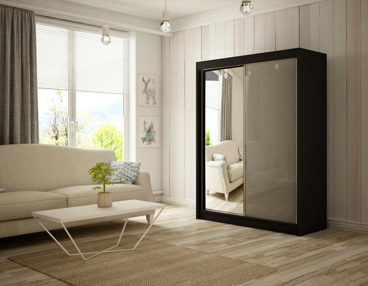 SCHIEBETÜRENSCHRANK ELIS - Schwarz/Grau, Holzwerkstoff (120/215/61cm) - Meblini