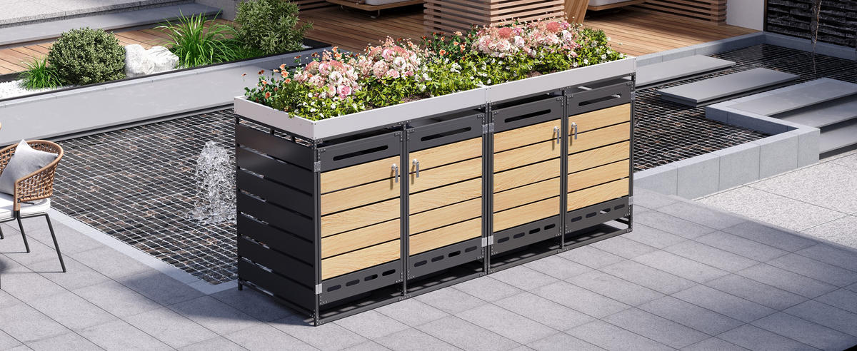 MÜLLTONNENBOX Pflanzkasten Holzoptik horizontal Schloss - Schwarz, Metall (262/120/79cm) - LEBENLANG